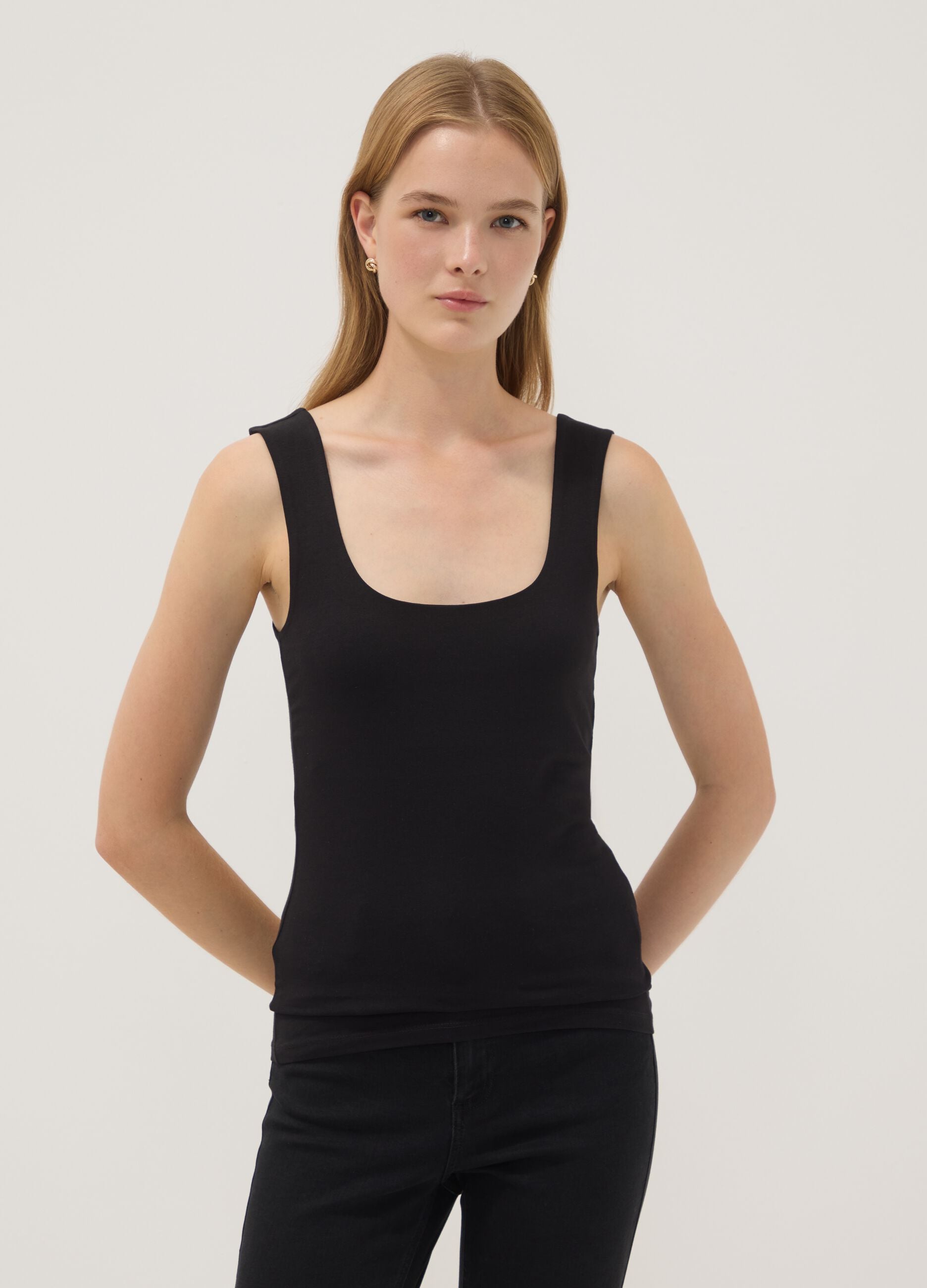 Black fitted stretch-cotton tank top