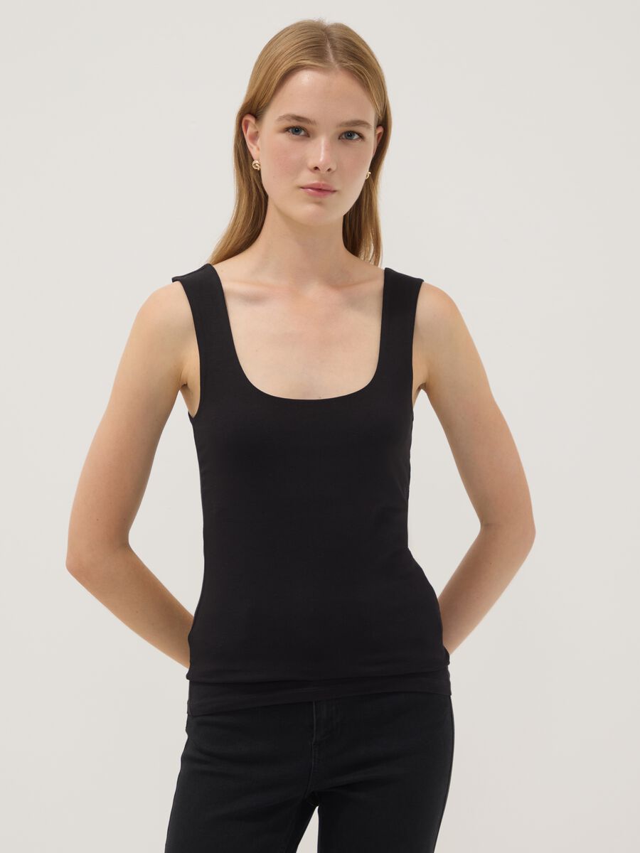 Black fitted stretch-cotton tank top_0