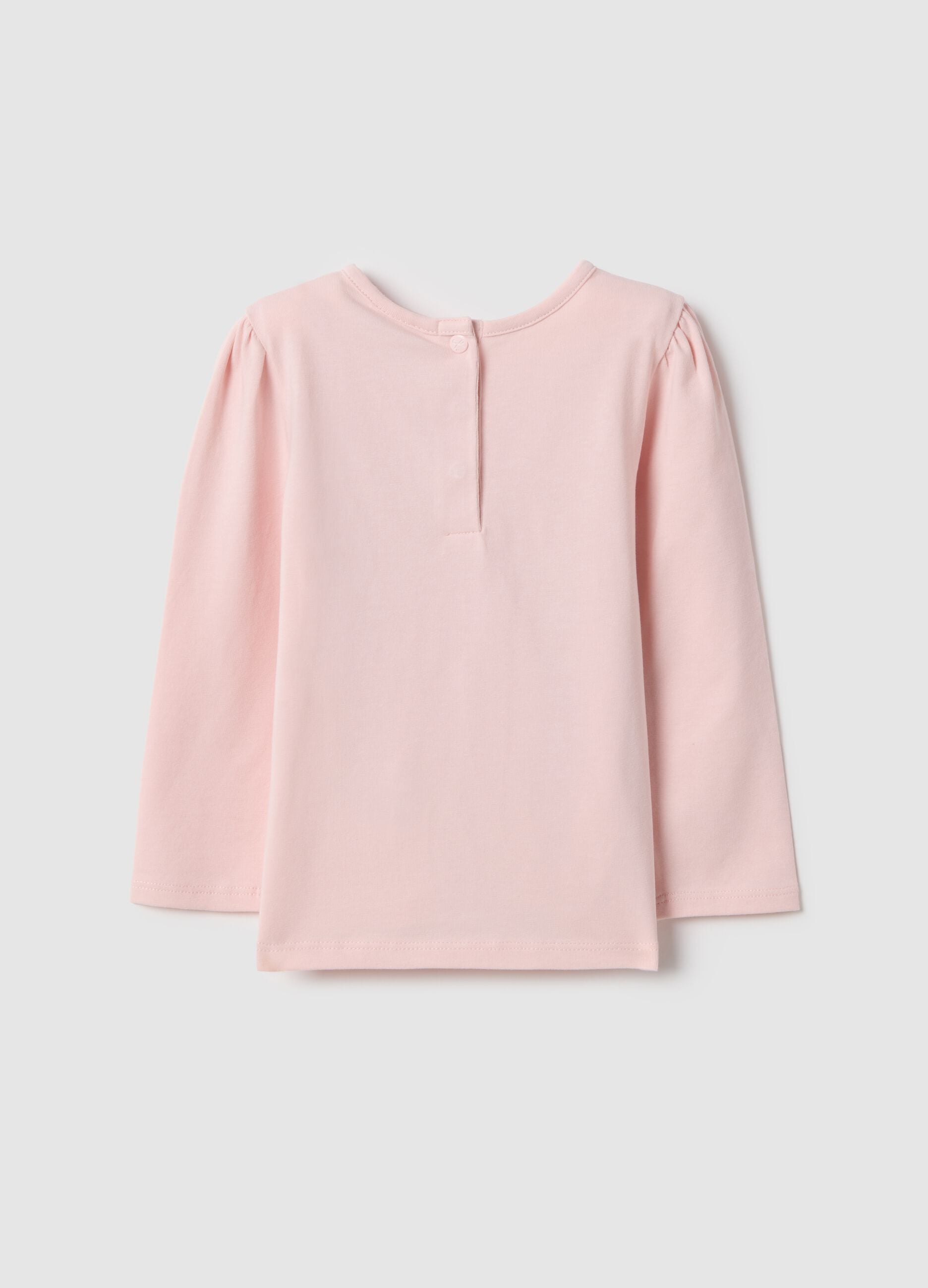 Pink Long Sleeve Cotton Stretch T-shirt with Bow Accent