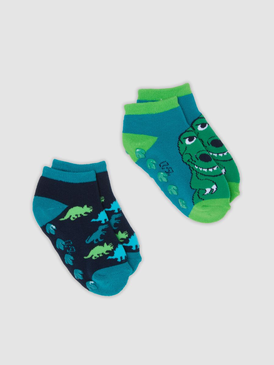 Bipack di calze antiscivolo verdi in cotone organico elasticizzato con stampa dinosauri_0