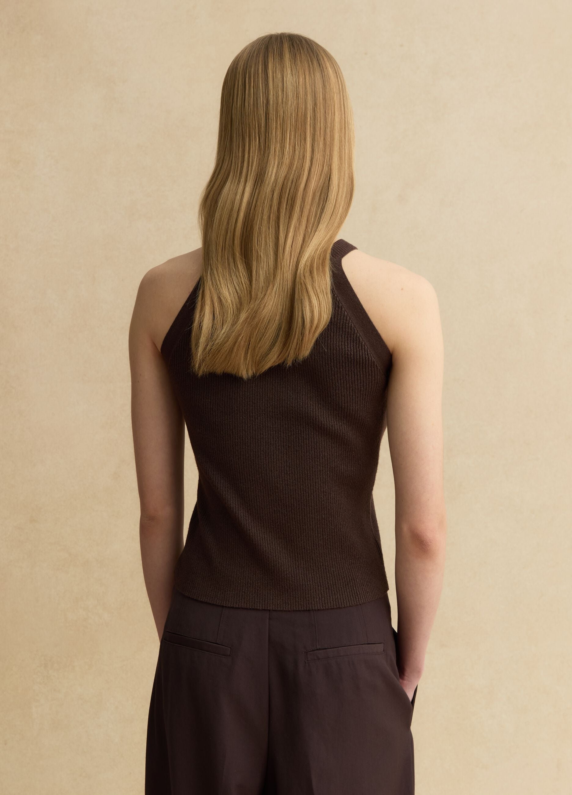 Fitted viscose blend brown tank top