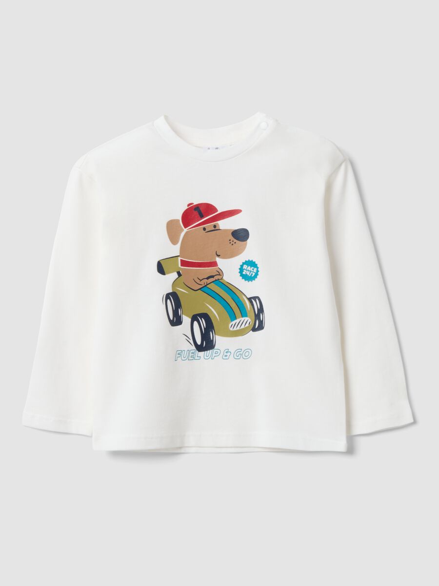 White pure organic cotton T-shirt with puppy print for baby boy_0