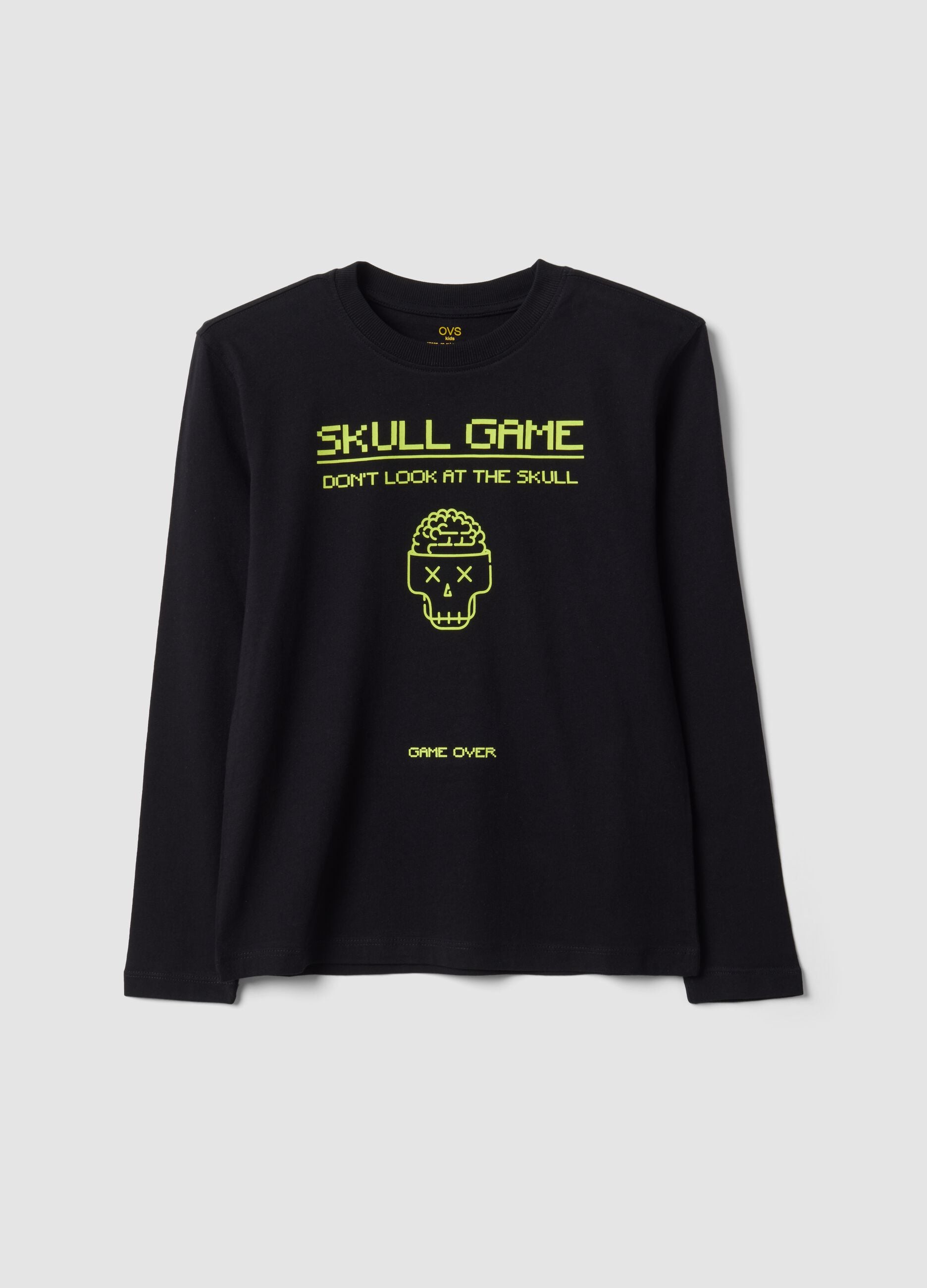Black organic cotton crew-neck T-shirt with skull print for boys