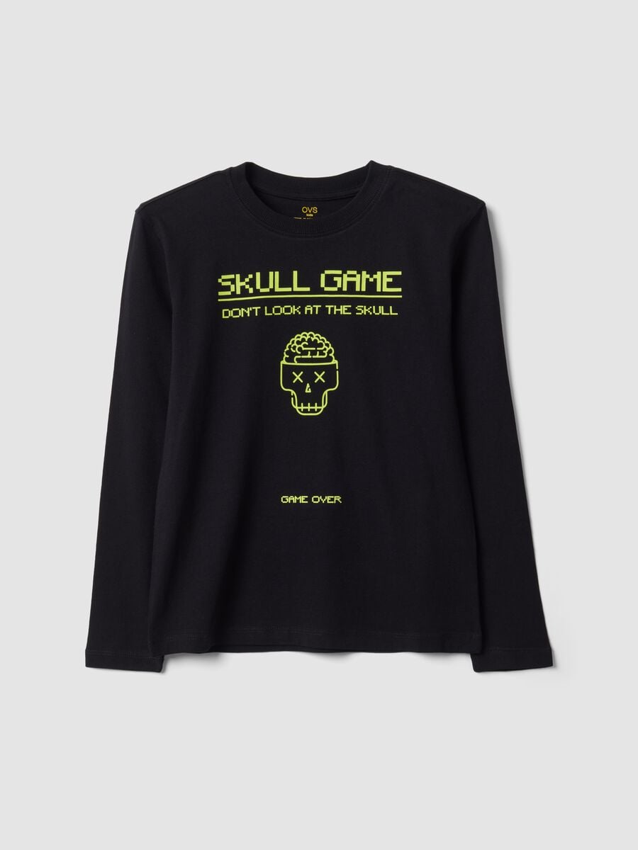 Black organic cotton crew-neck T-shirt with skull print for boys_3