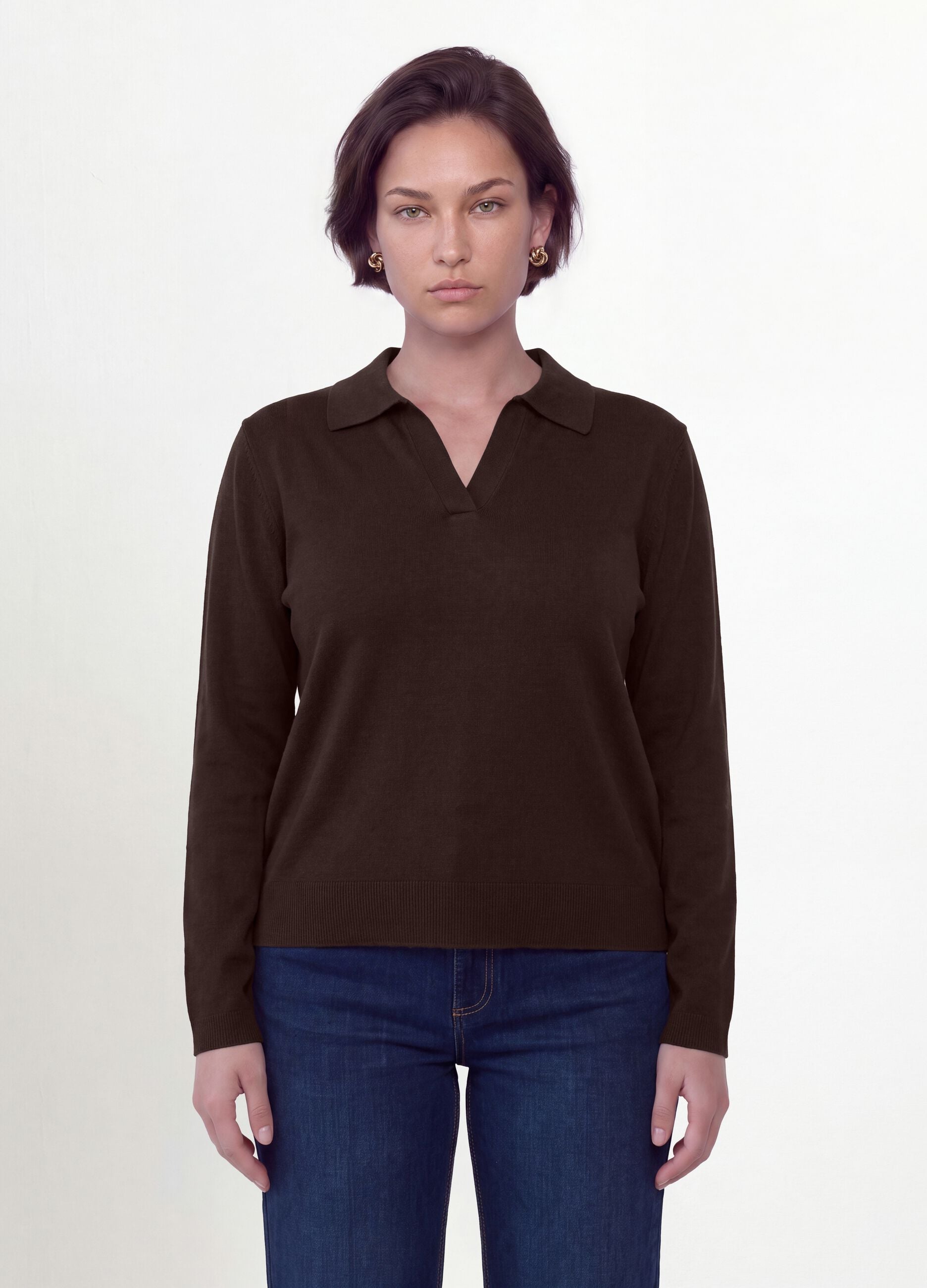 Brown viscose-blend polo-collar jumper with relaxed fit
