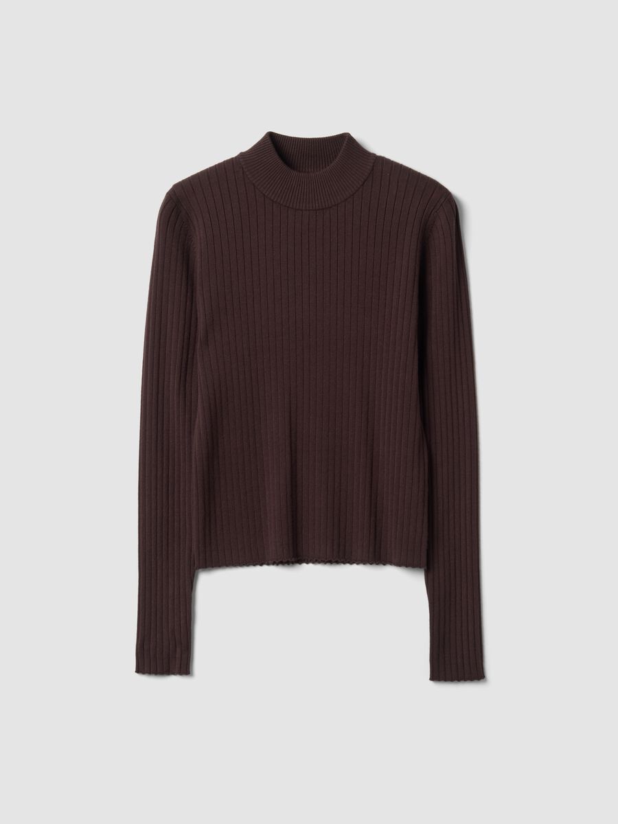 Brown ribbed viscose-blend top with high neck_4
