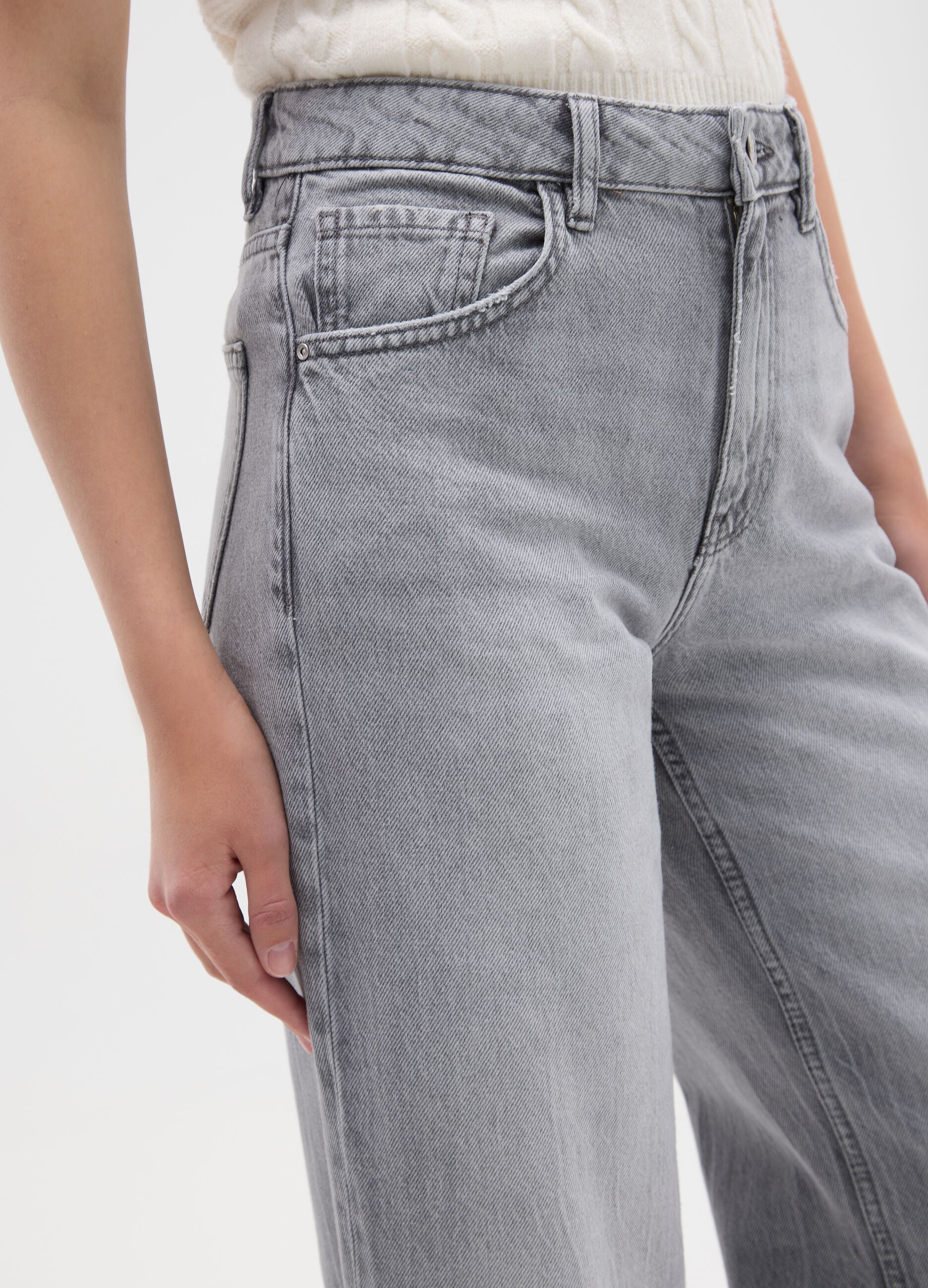 Grey Pure Cotton Wide Leg Jeans