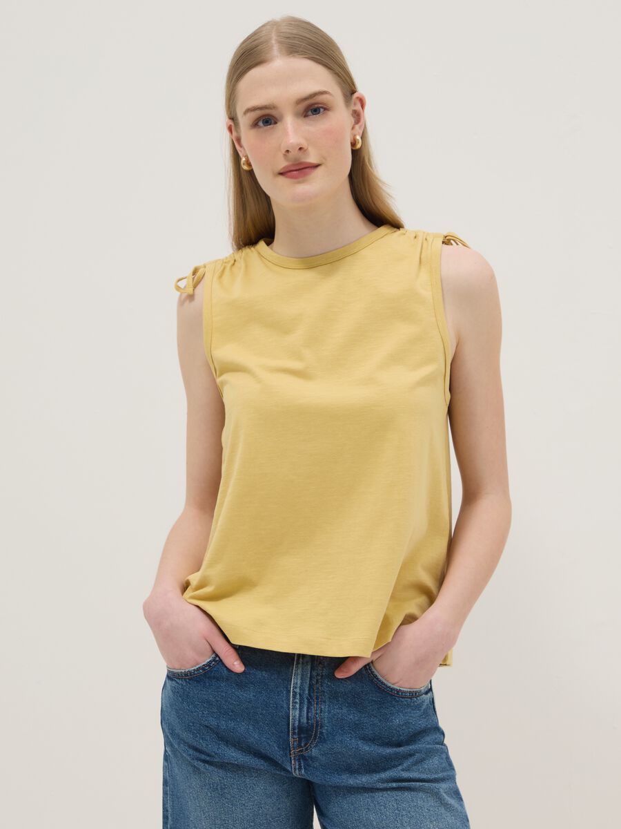 Yellow pure cotton tank top with shoulder ties_1