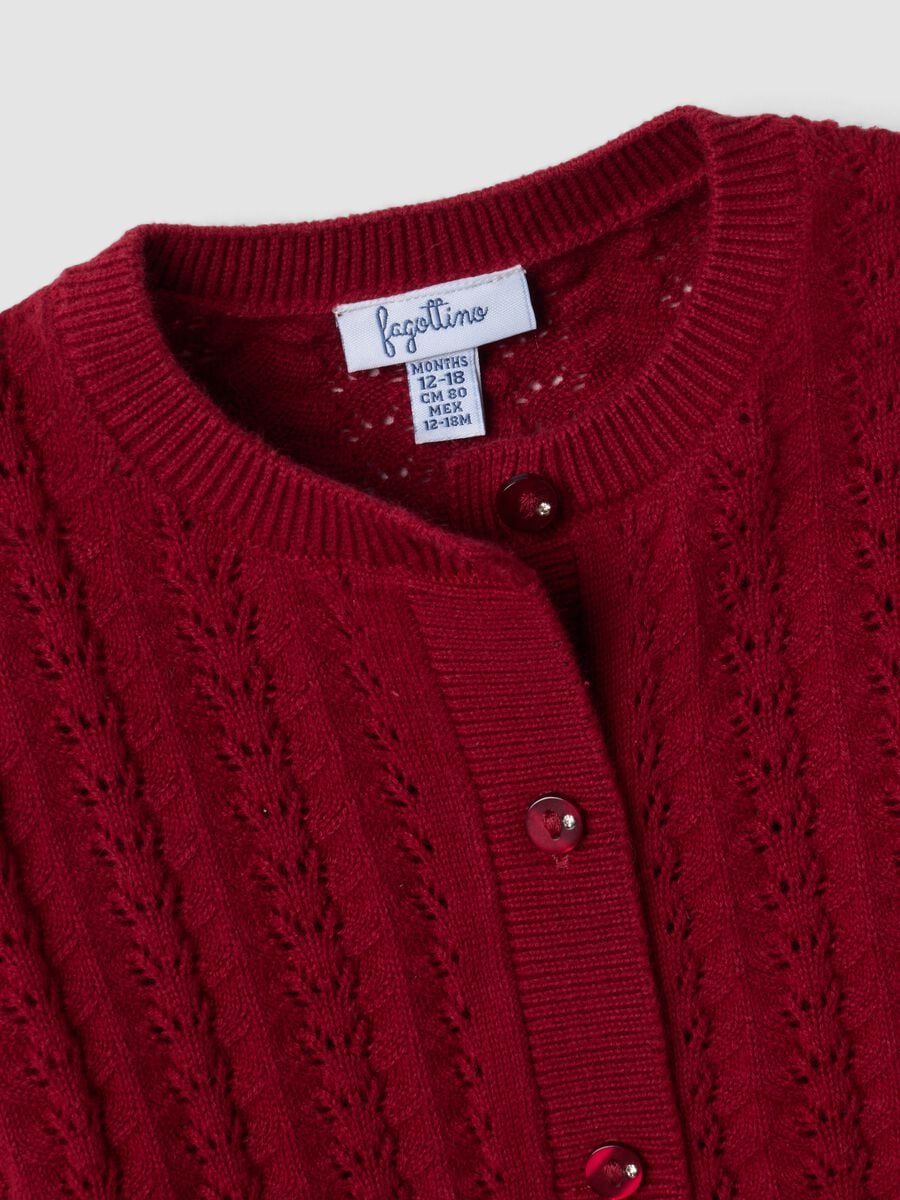 Red pure cotton openwork knit cardigan for baby girl_3