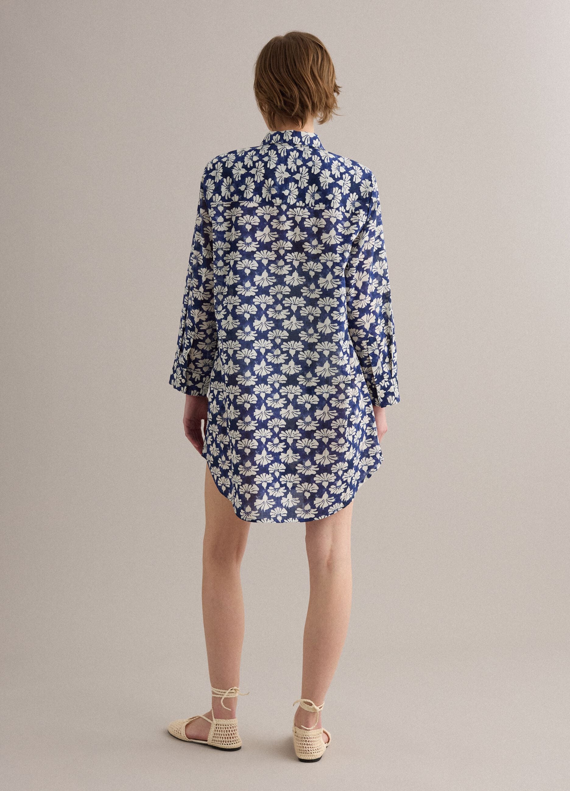 Blue long pure cotton shirt with floral print