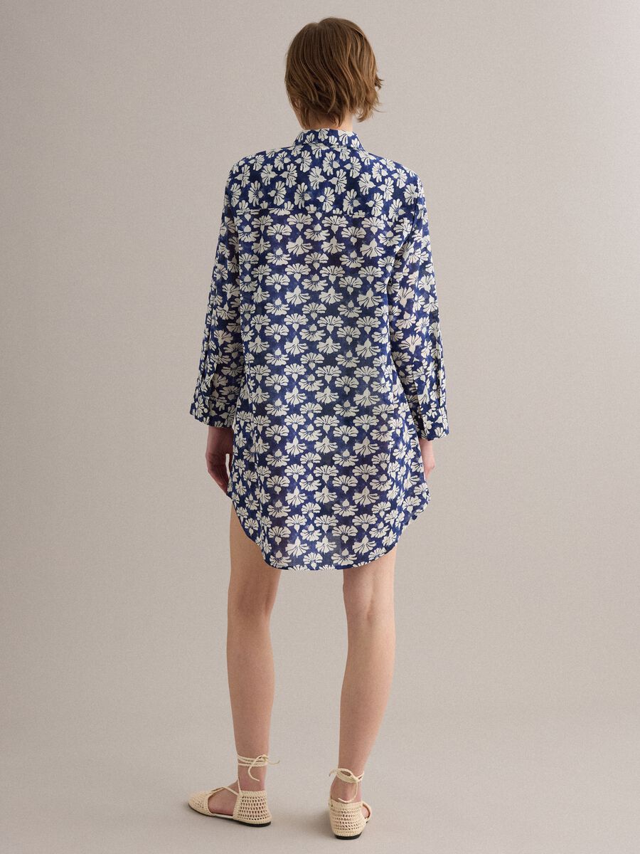 Blue long pure cotton shirt with floral print_3