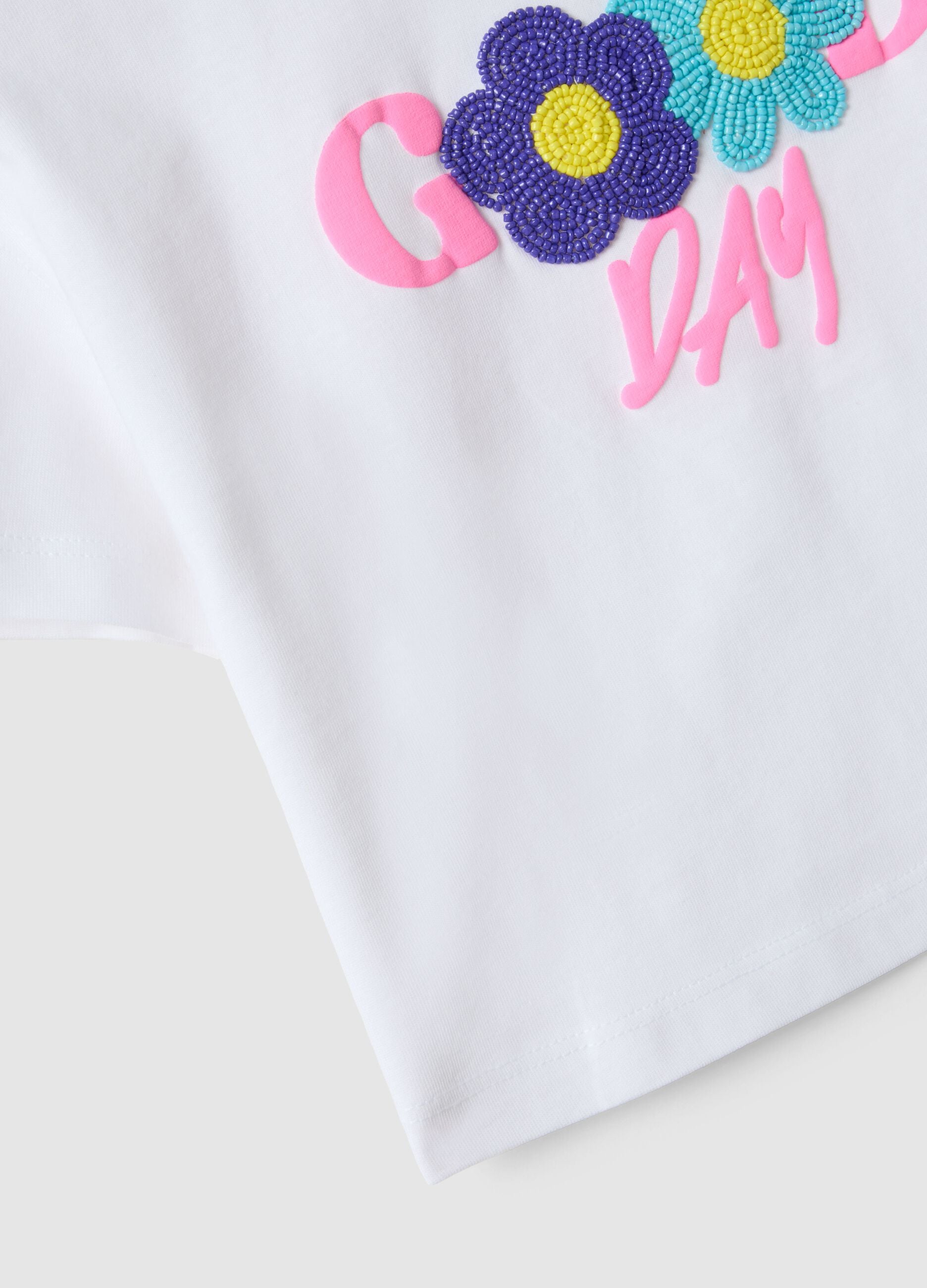 Girls' White Pure Cotton Boxy Fit T-shirt with Beaded Flowers