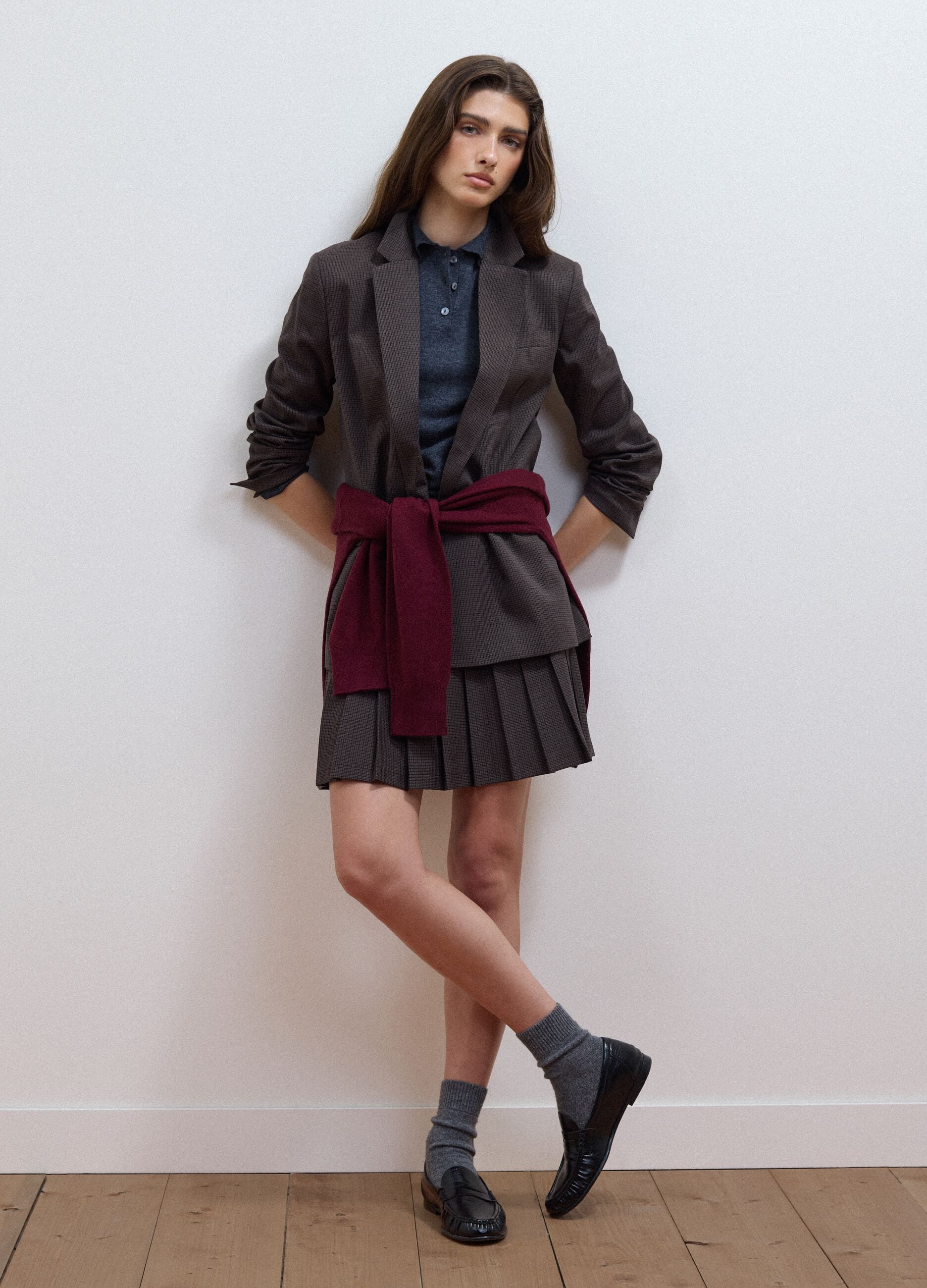 Brown stretch viscose micro-check regular-fit blazer