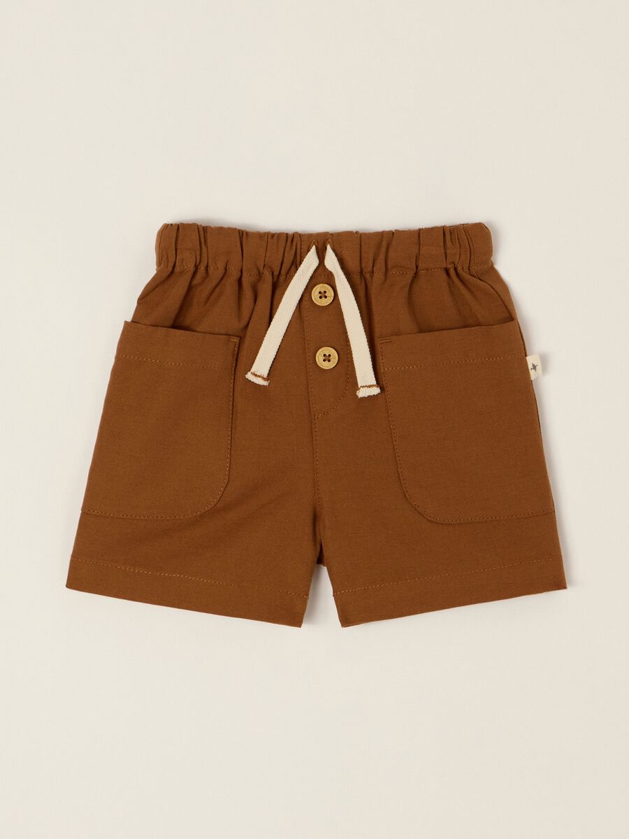 Short marrone in misto cotone e lino con vita elasticizzata regular fit_0