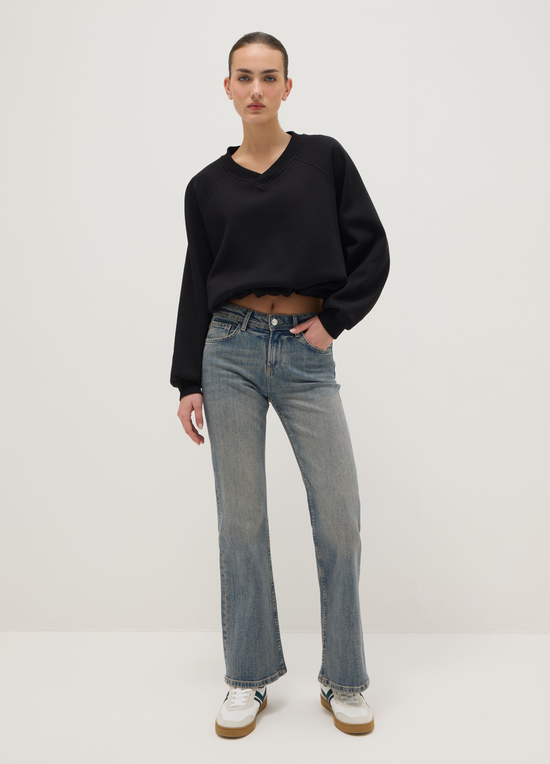 Black oversized cotton blend sweatshirt with V-neck