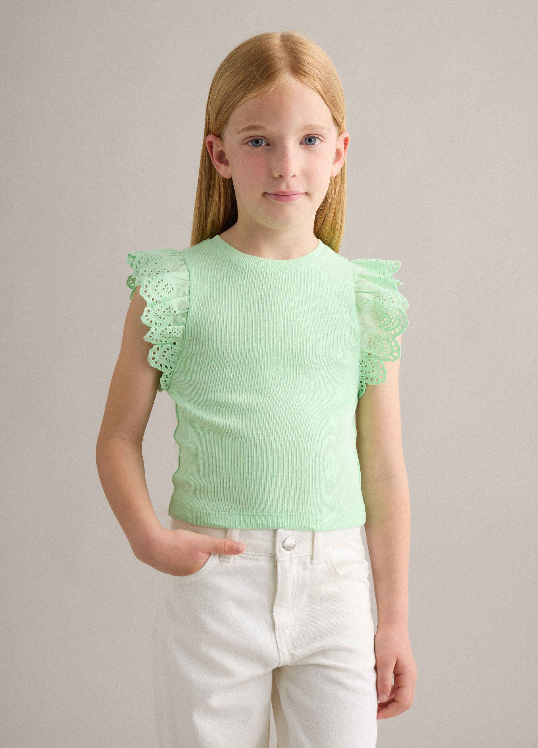 Girls&rsquo; green stretch cotton vest top with ruffles