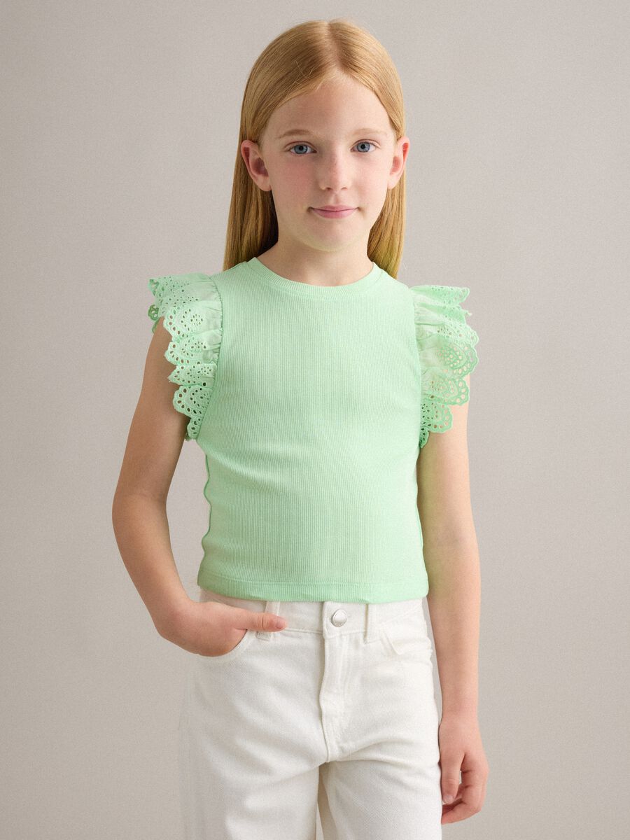 Girls&rsquo; green stretch cotton vest top with ruffles_0
