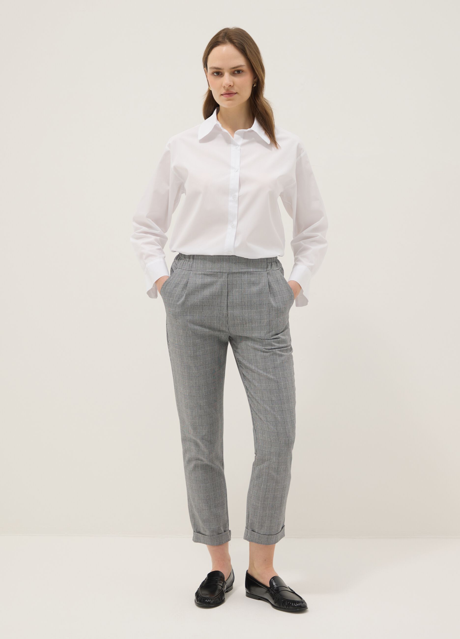 Grey checked regular-fit stretch cotton-blend trousers