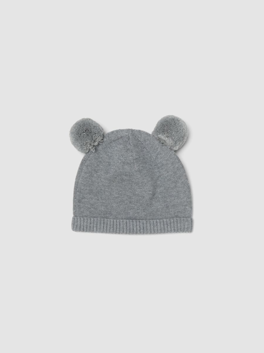 Grey baby hat in pure organic cotton with pom-poms_1