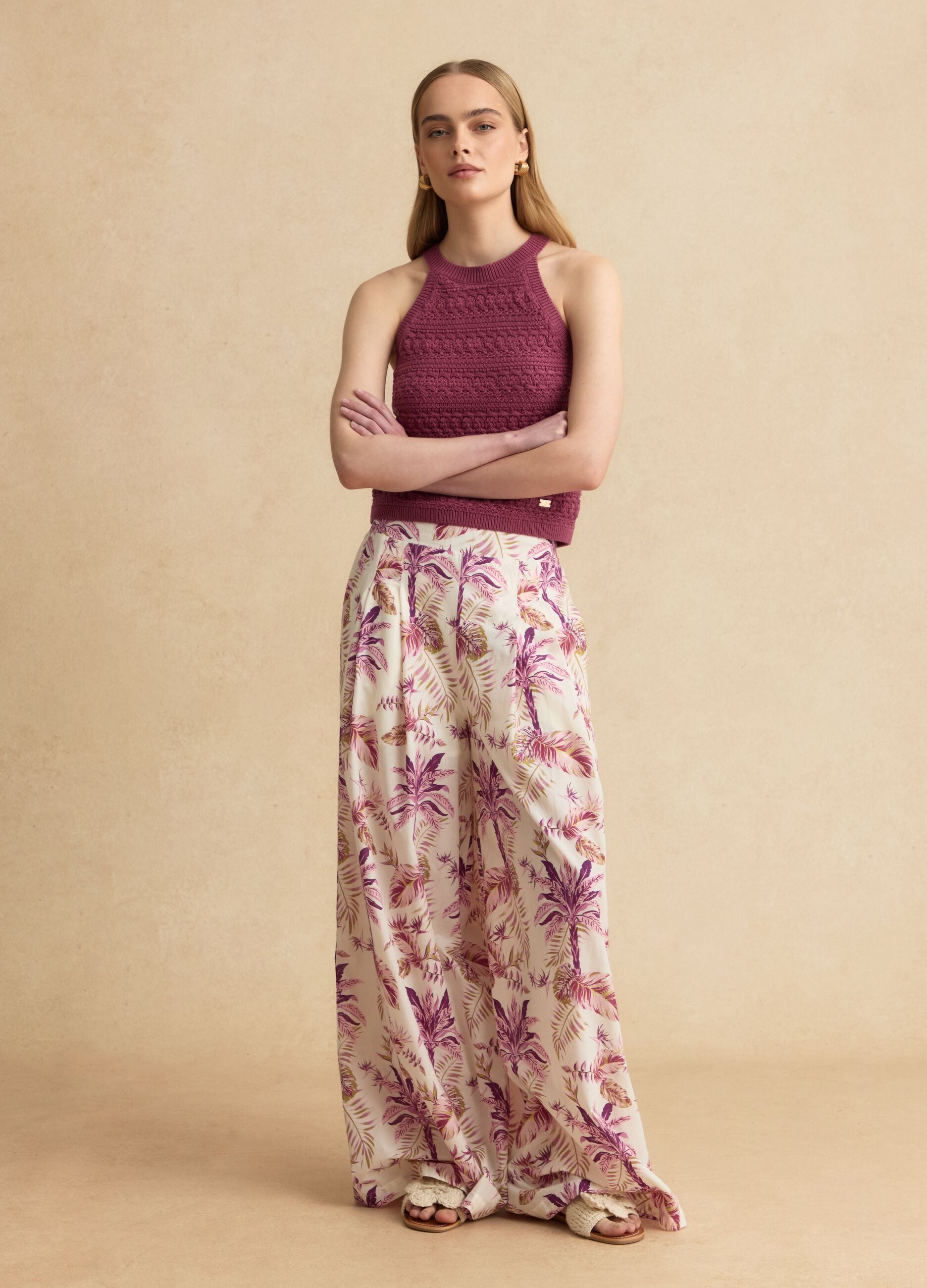 Purple knitted cotton-blend tank top