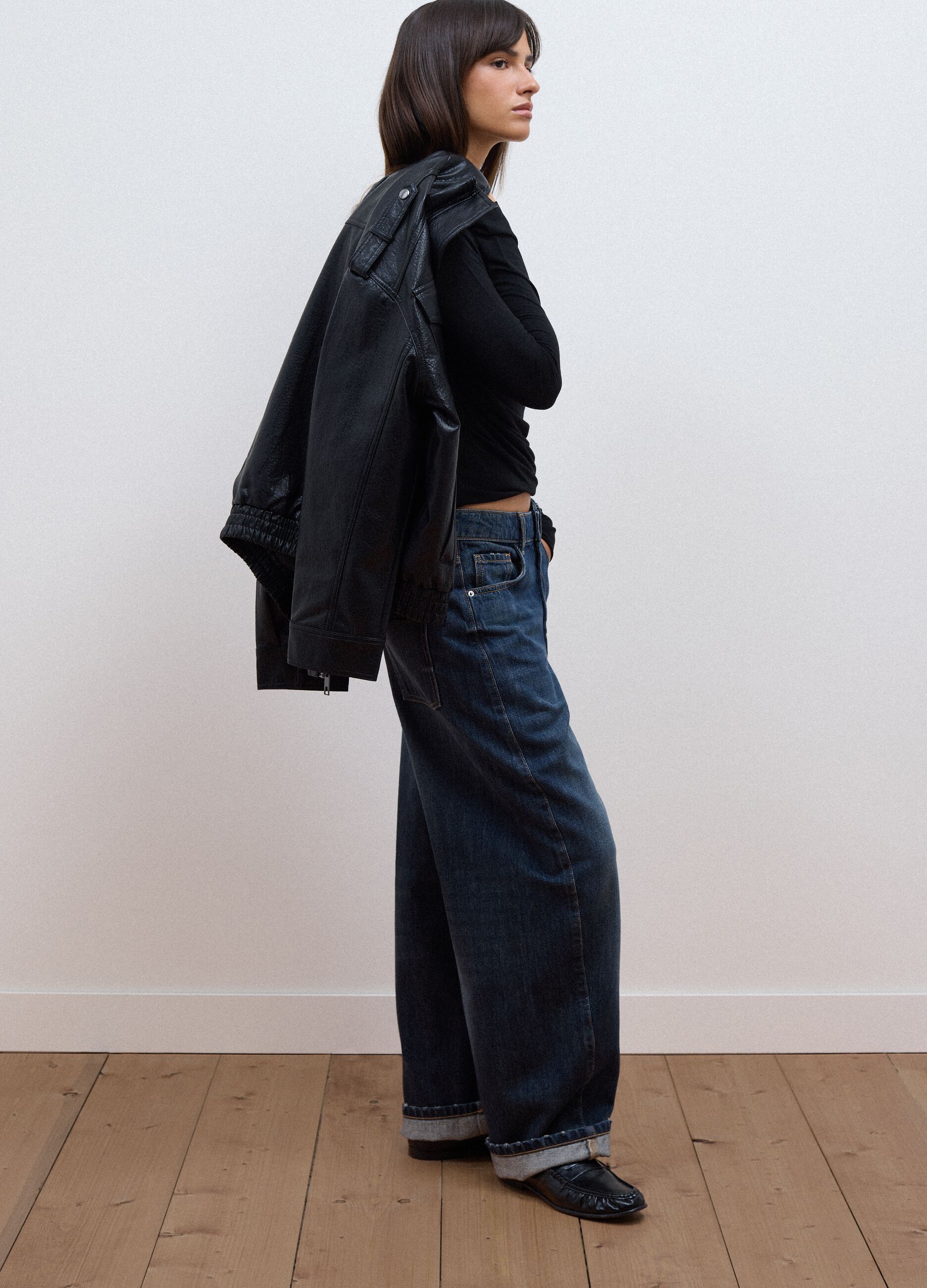 Black stretch viscose, silk and wool T-shirt with draping