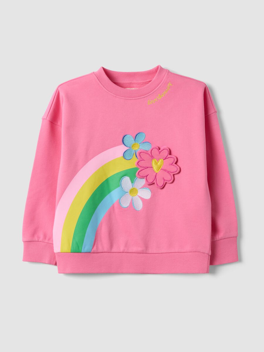 Pink cotton-blend sweatshirt with crew neck, rainbow print and floral details_0