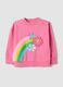 Pink cotton-blend sweatshirt with crew neck, rainbow print and floral details_0