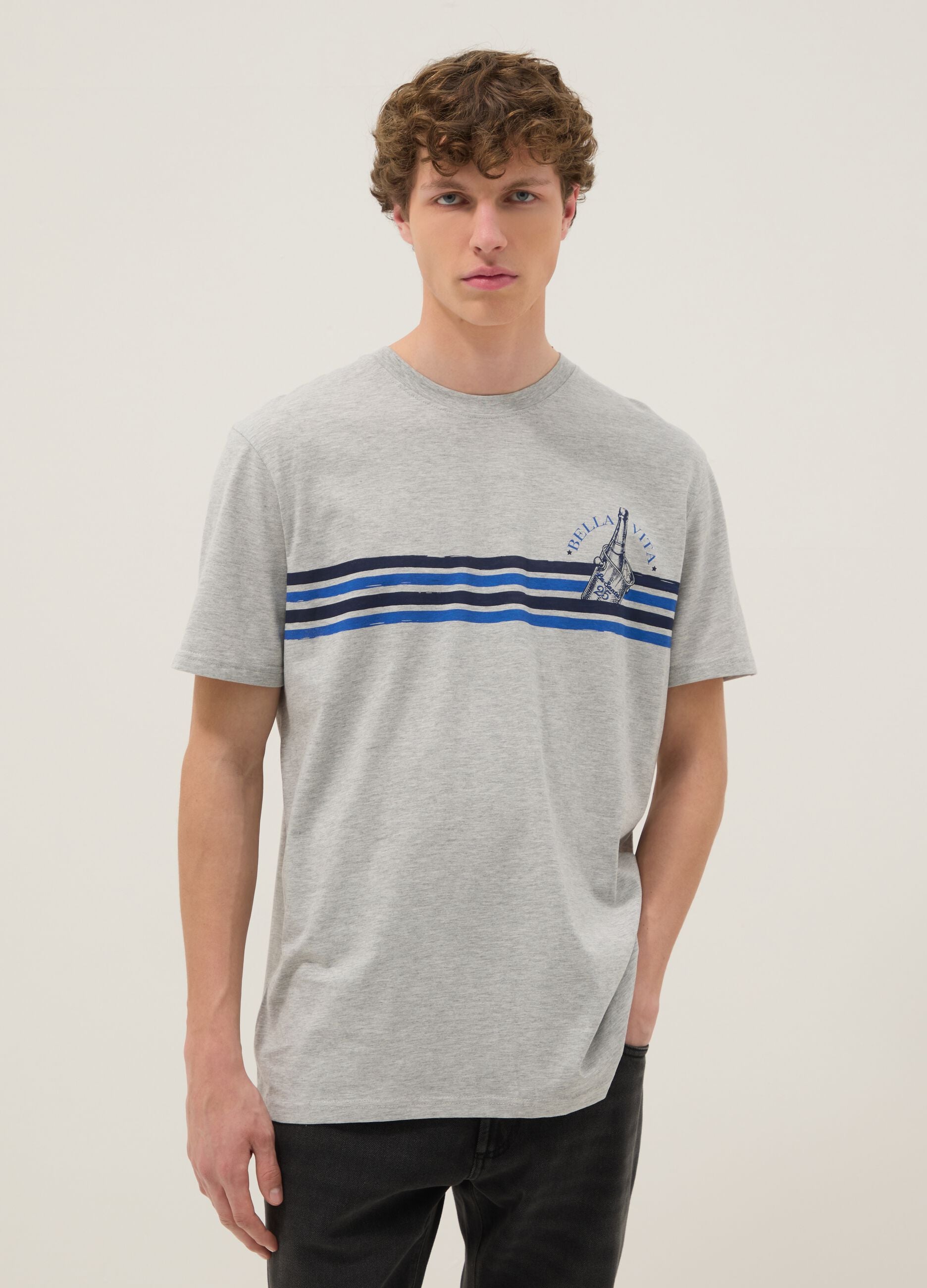 Grey pure cotton T-shirt with blue stripes