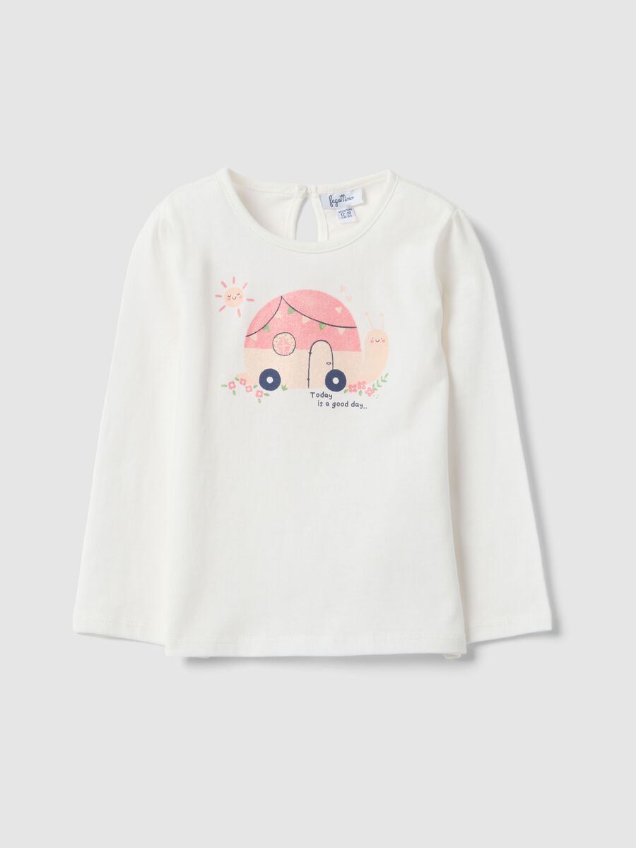 Long sleeve white pure cotton girl's t-shirt with prints_0