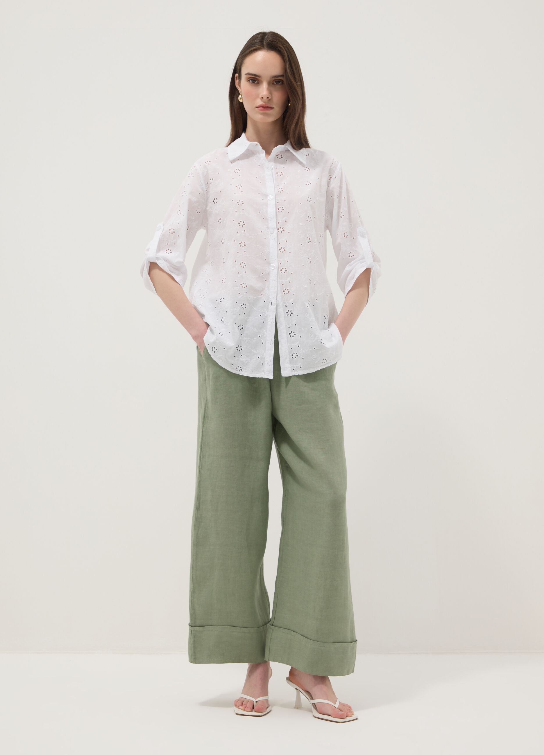 White broderie anglaise pure cotton shirt, regular fit