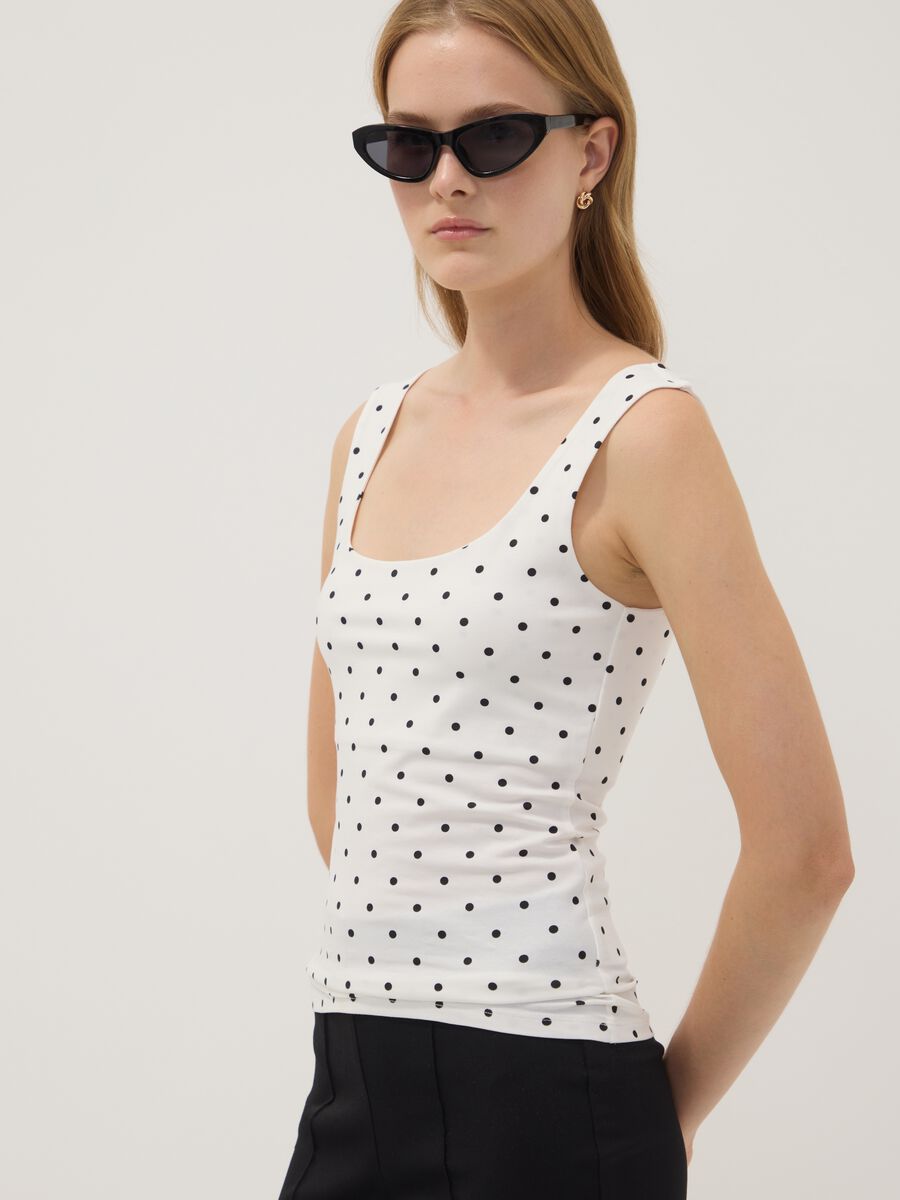 White fitted stretch cotton polka-dot top_1