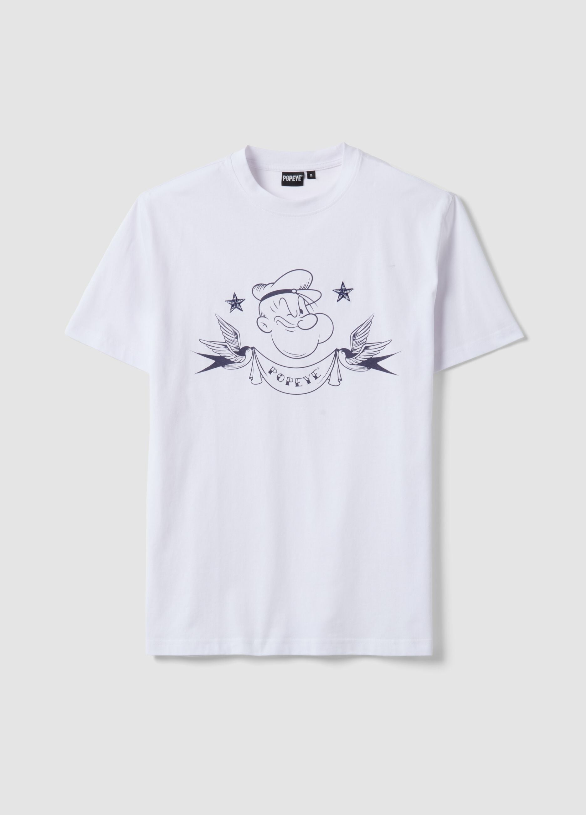 White regular fit pure cotton T-shirt with Popeye print