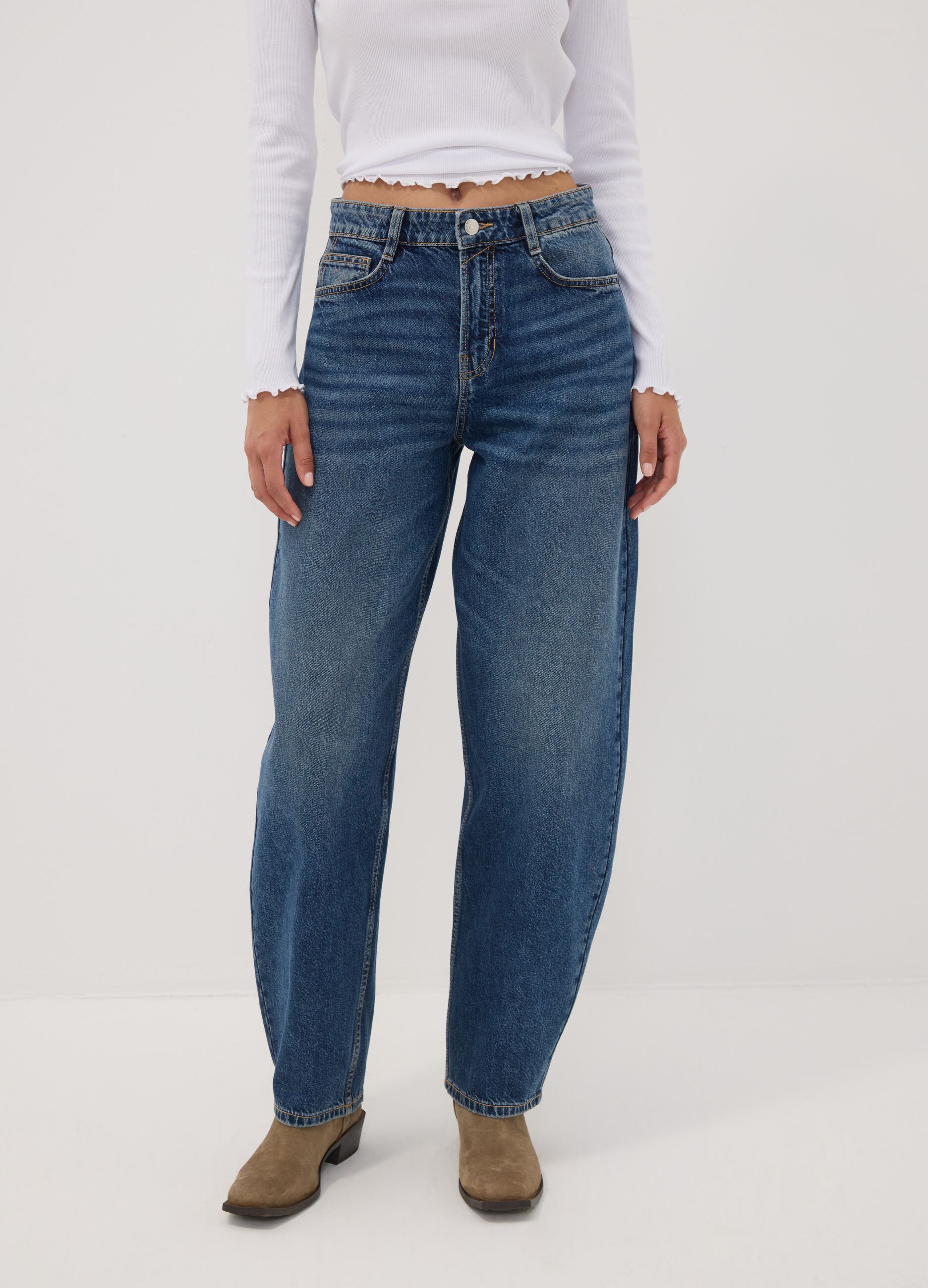 Dark blue pure cotton denim barrel-fit jeans