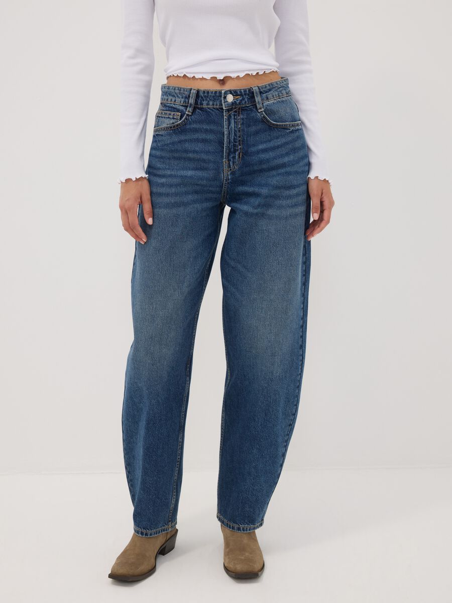 Dark blue pure cotton denim barrel-fit jeans_1