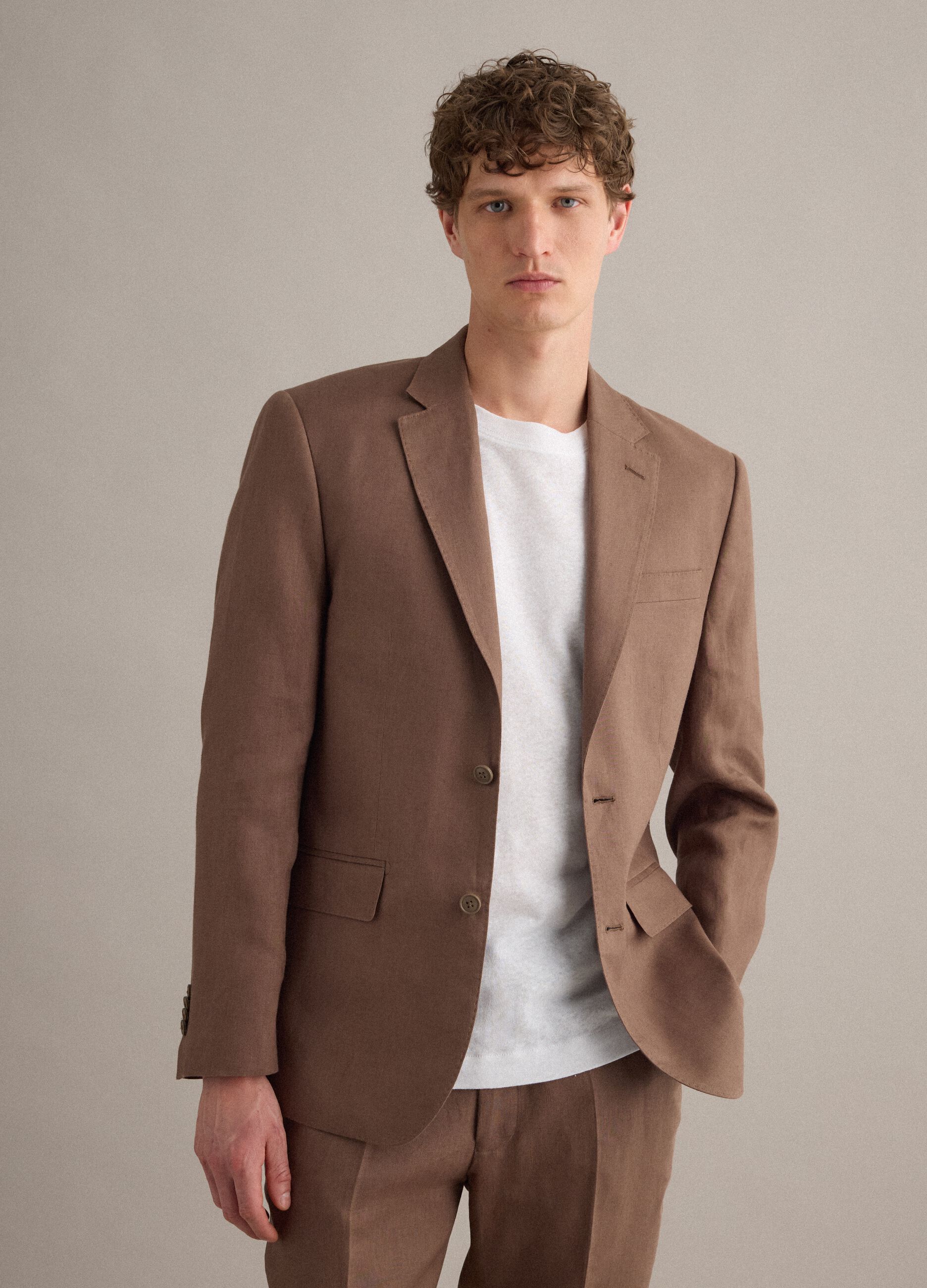 Brown pure linen slim-fit blazer