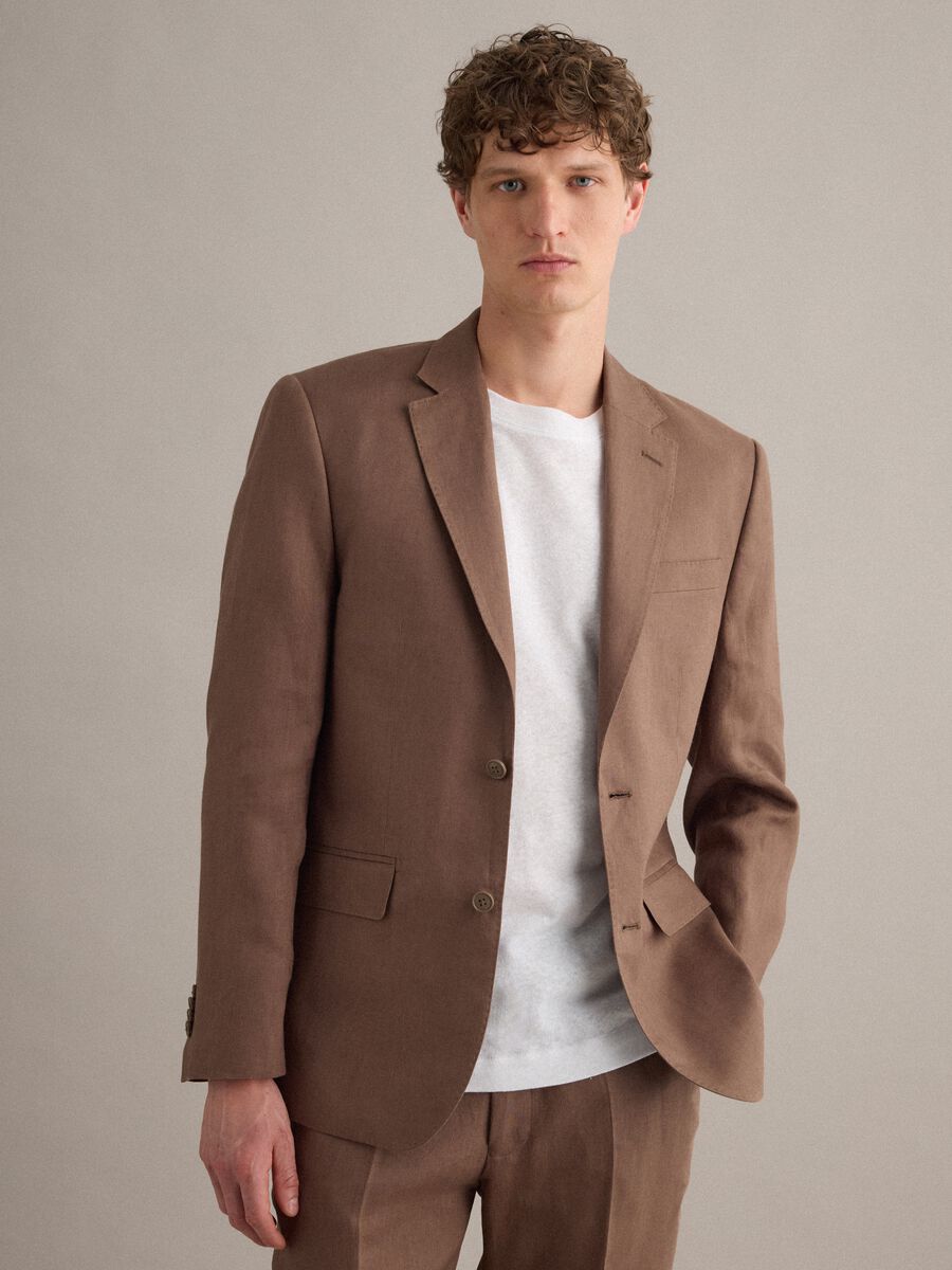 Brown pure linen slim-fit blazer_0