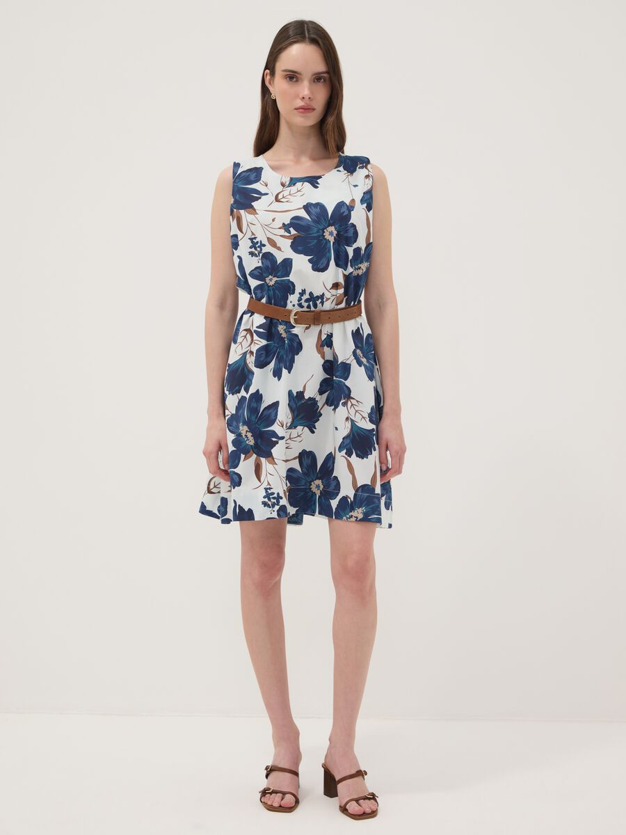 White stretch cotton dress with floral print, regular fit_1