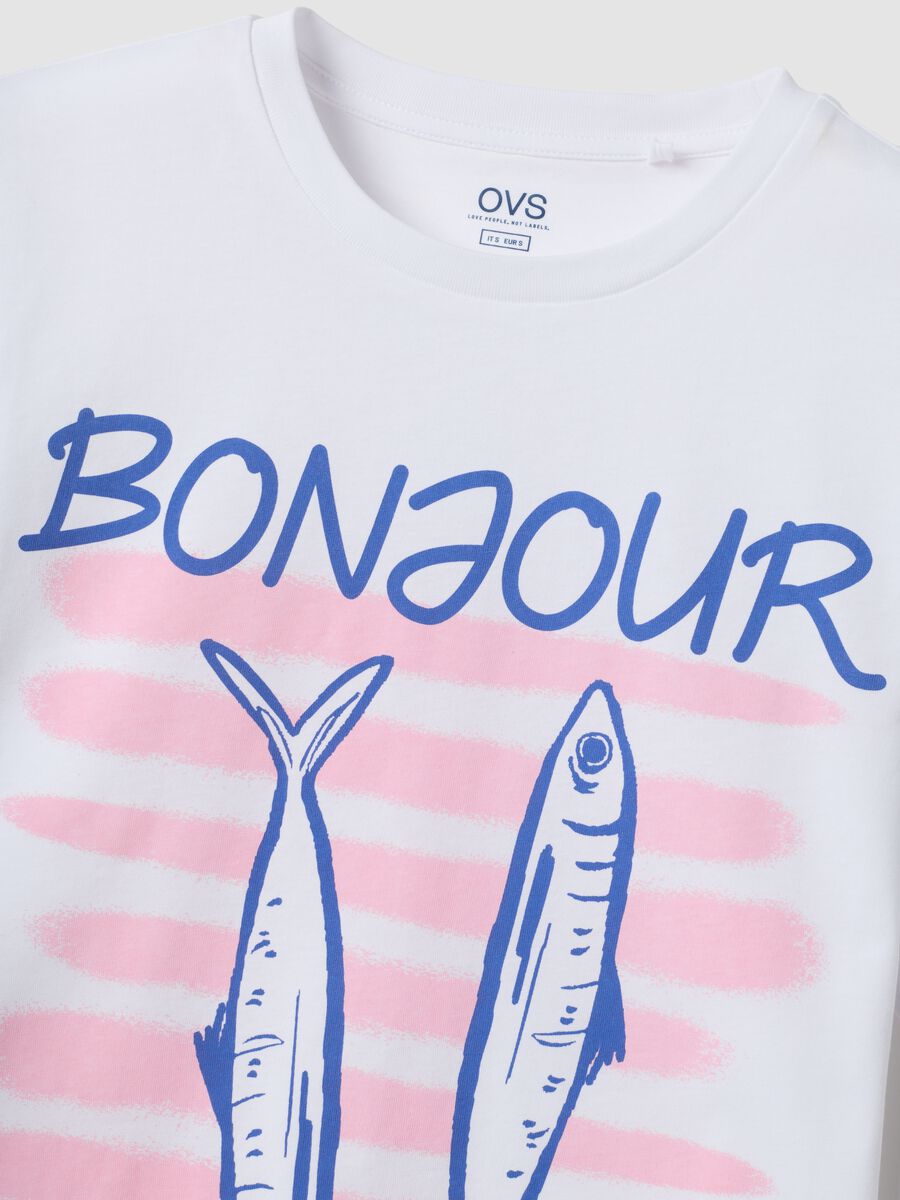 White pure cotton T-shirt with front print, regular fit_5