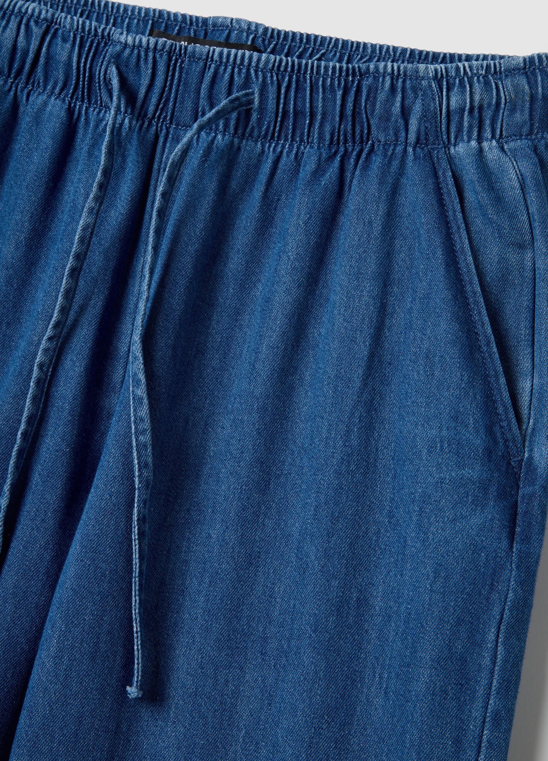 Wide leg blue denim pure cotton trousers with elastic waistband
