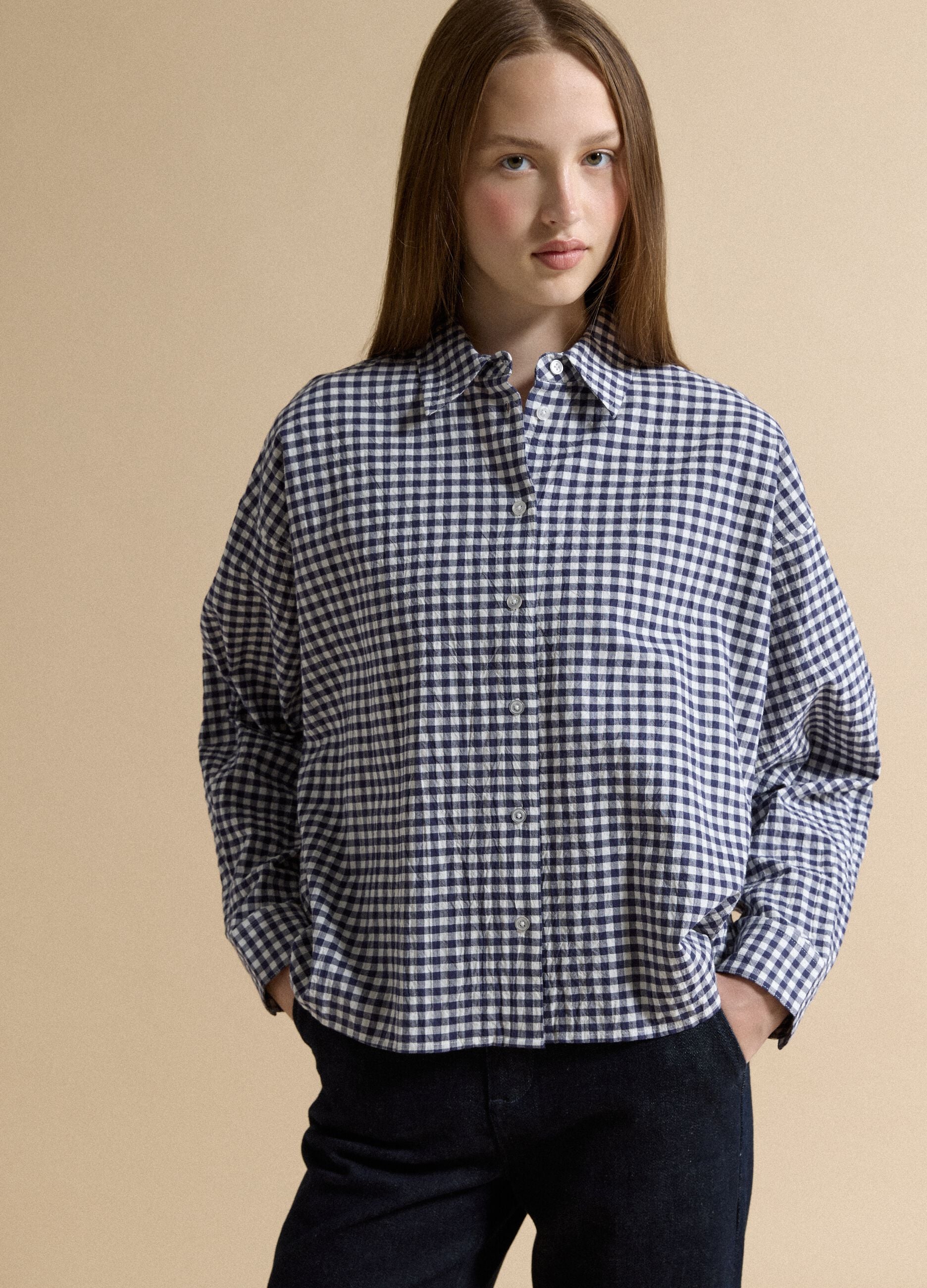 Blue checked regular-fit stretch cotton shirt