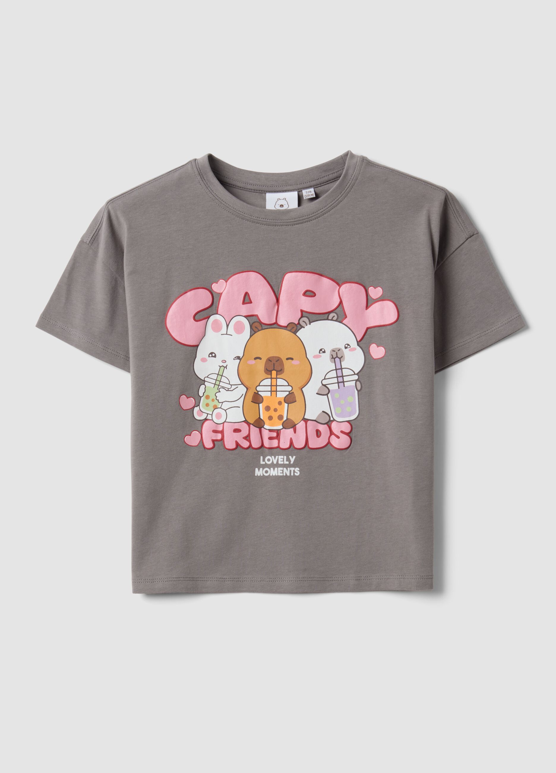 Girls&rsquo; grey stretch cotton T-shirt with capybara print