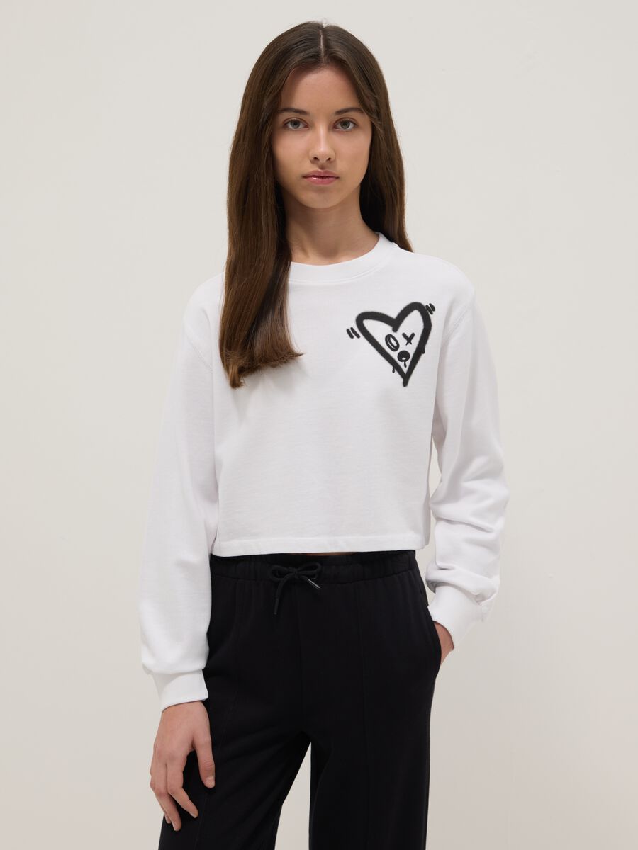 Felpa in puro cotone bianca da ragazza regular fit con cuore_0