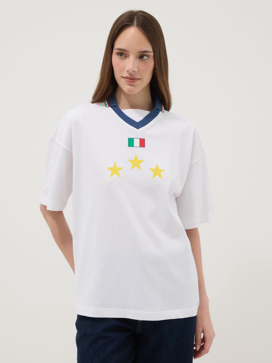 T-shirt in puro cotone bianca regular fit con dettagli Italia_0