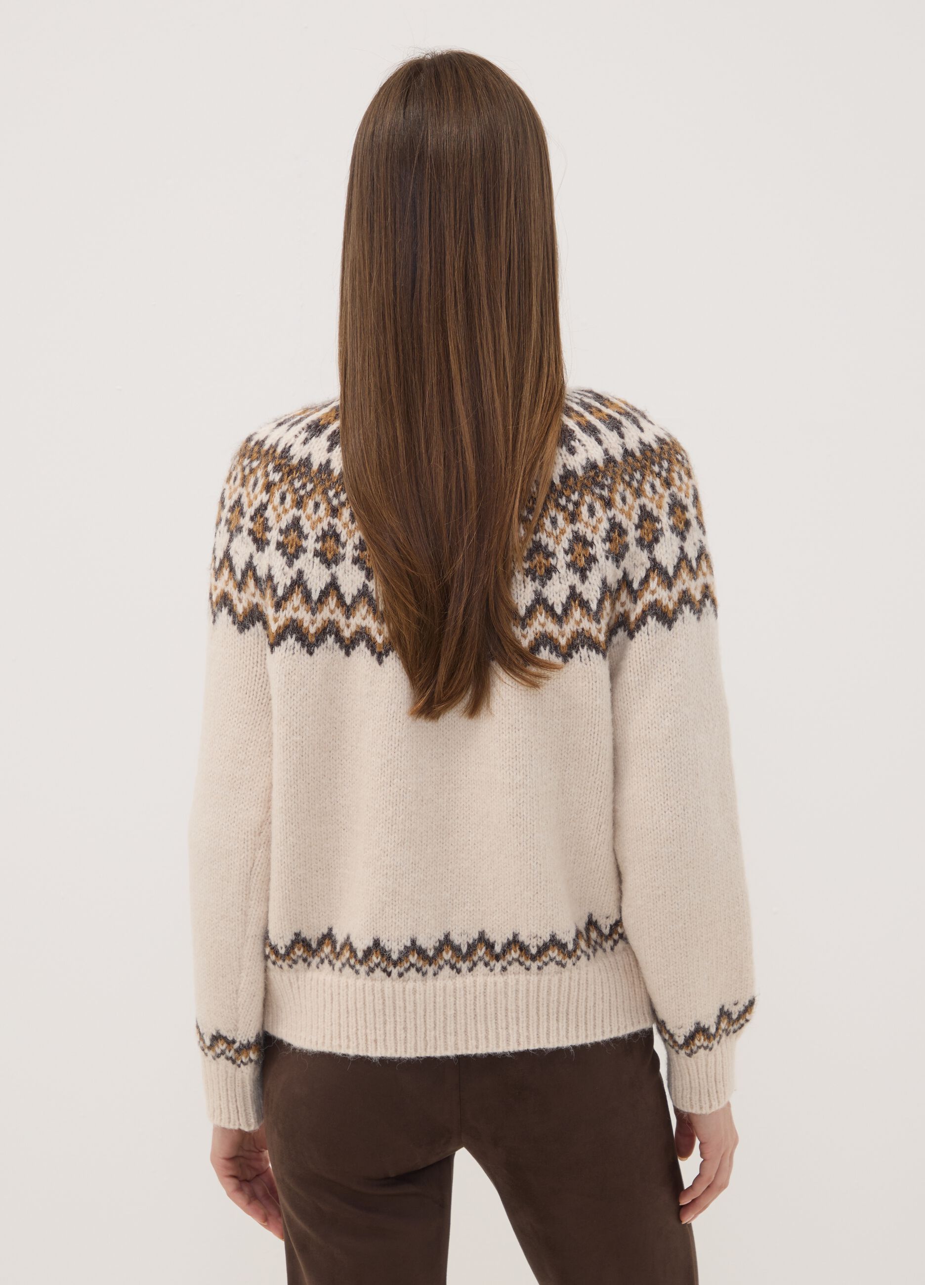 Beige Jacquard Jumper with High Neck