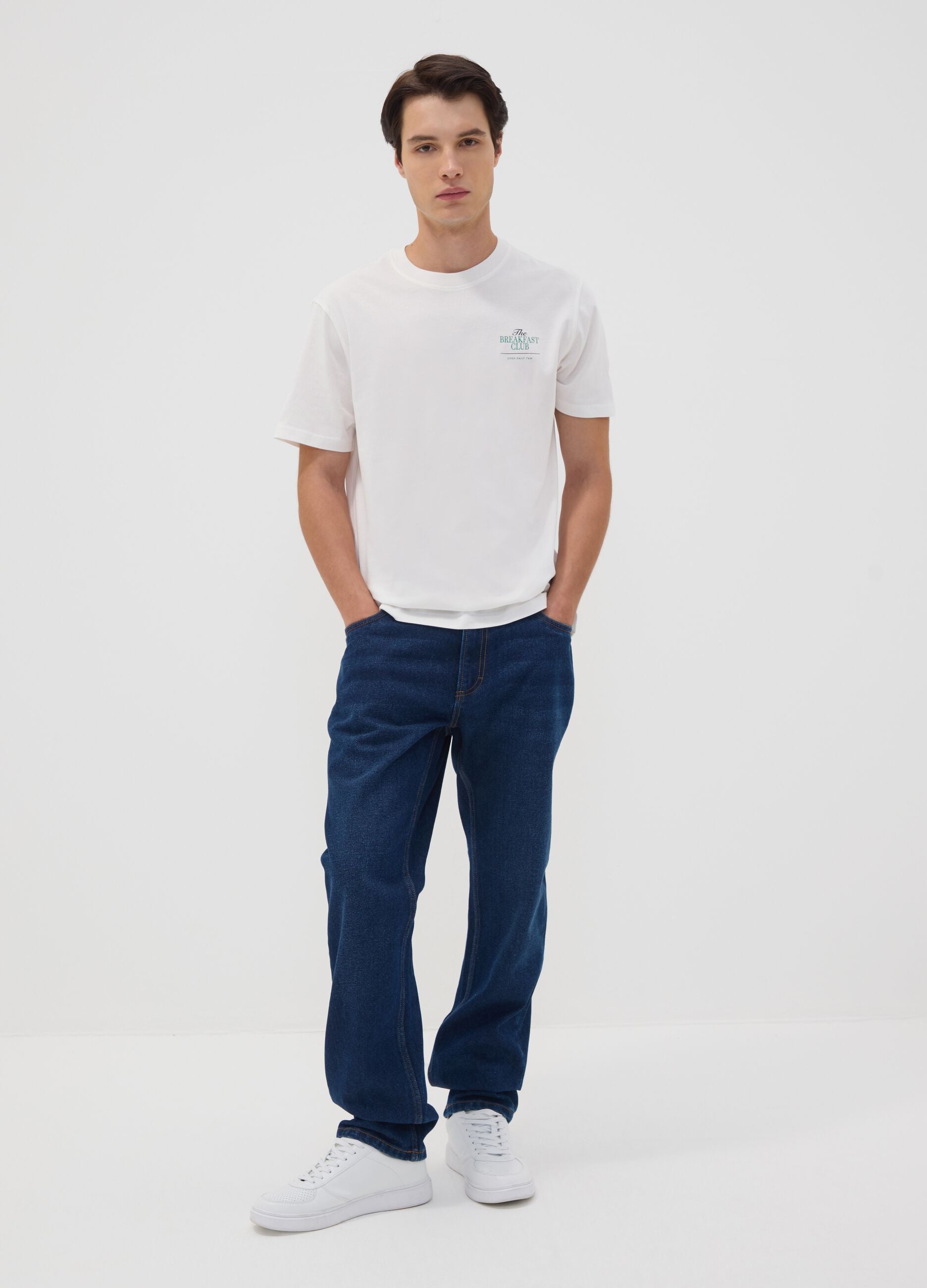 White pure cotton jersey T-shirt with print, regular fit