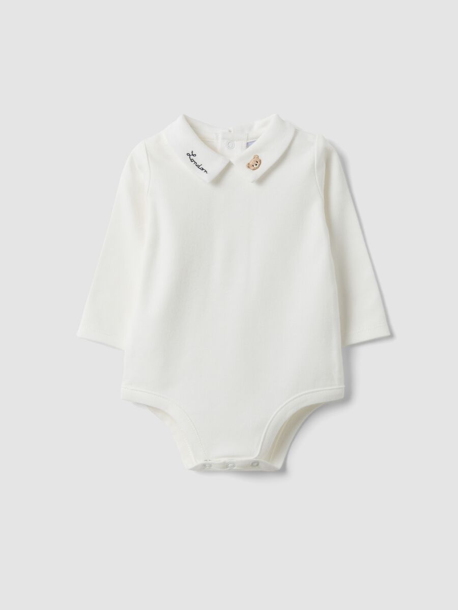 White organic cotton baby bodysuit with collar_0