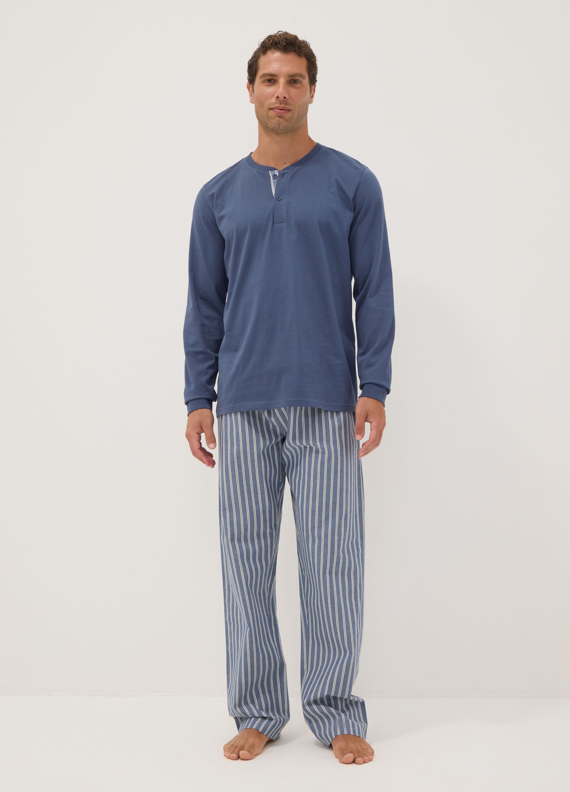 Blue pure organic cotton pyjamas with grandad collar, regular fit