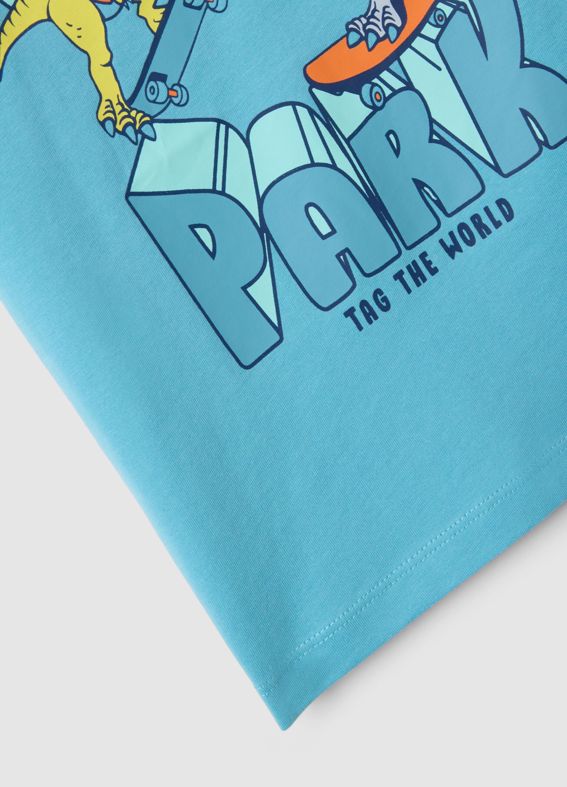 Boys' pure cotton oversized blue T-shirt with dinosaurs
