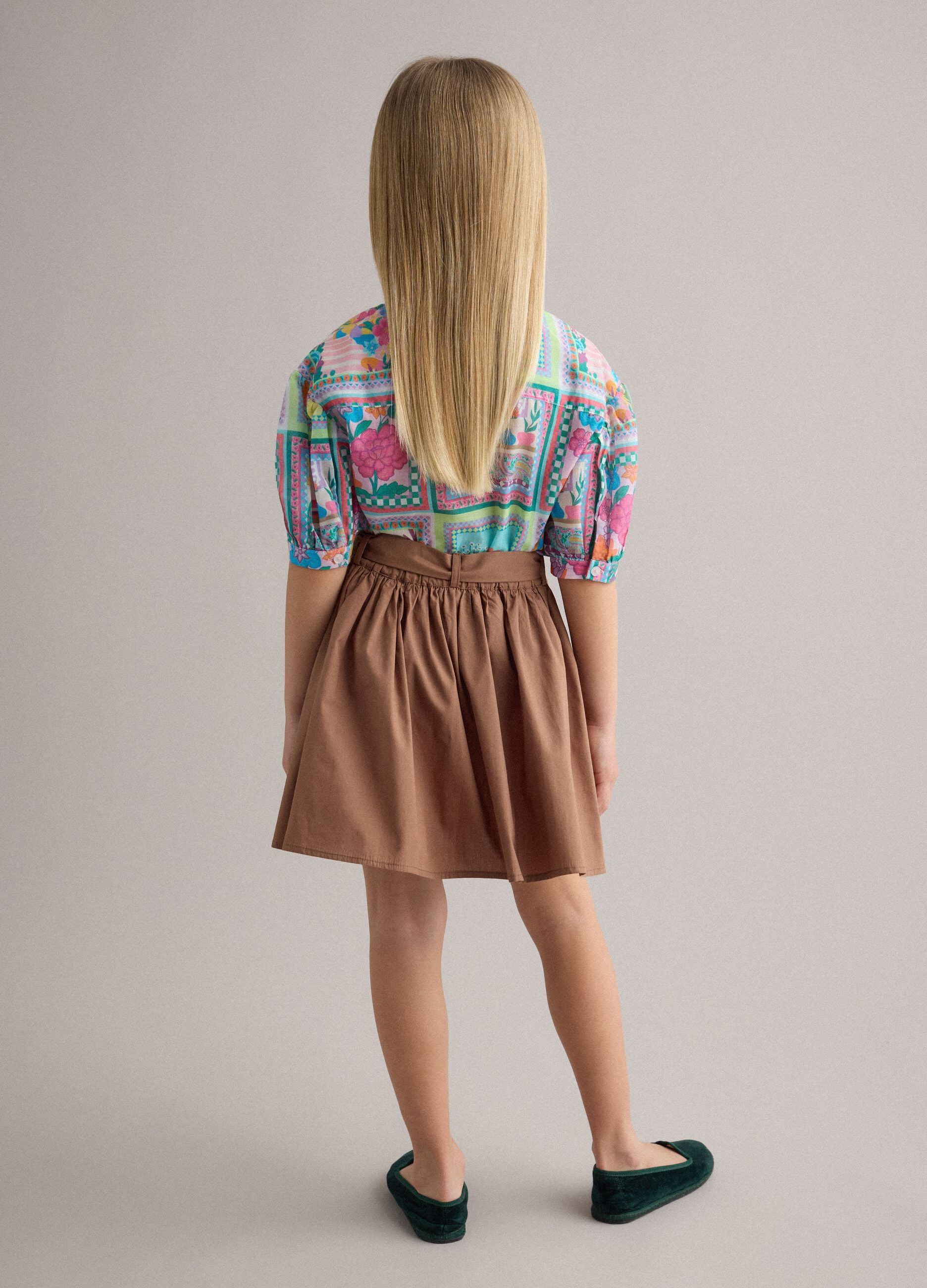 Brown pure cotton girls' skirt regular fit with bow