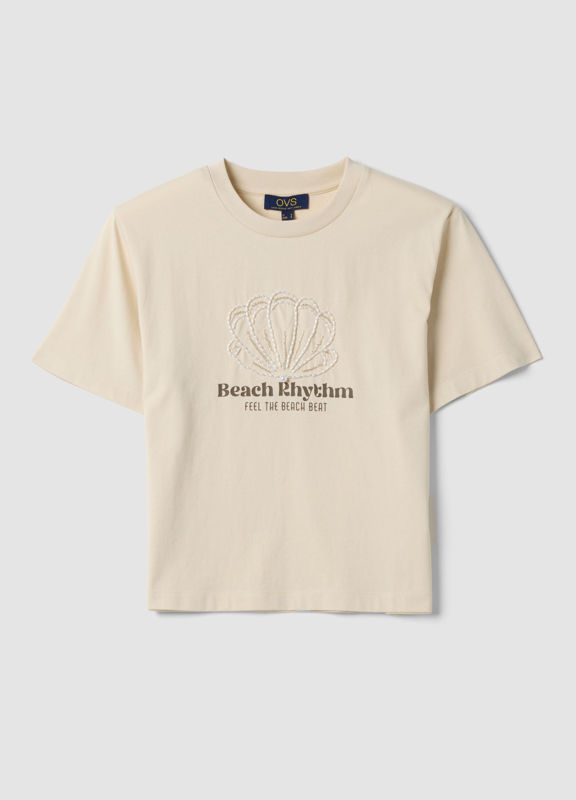 Beige short-sleeved pure cotton T-shirt with embroidery